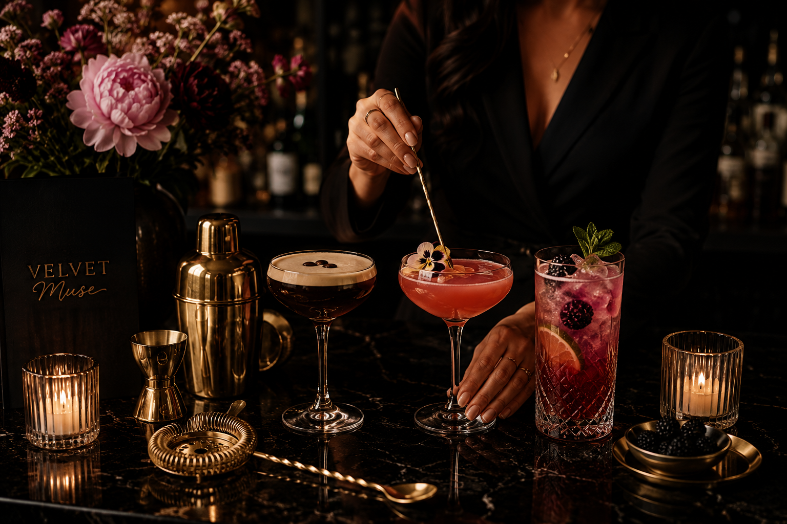 A bartender prepares cocktails at a dimly lit bar with candles and floral arrangements in the background.