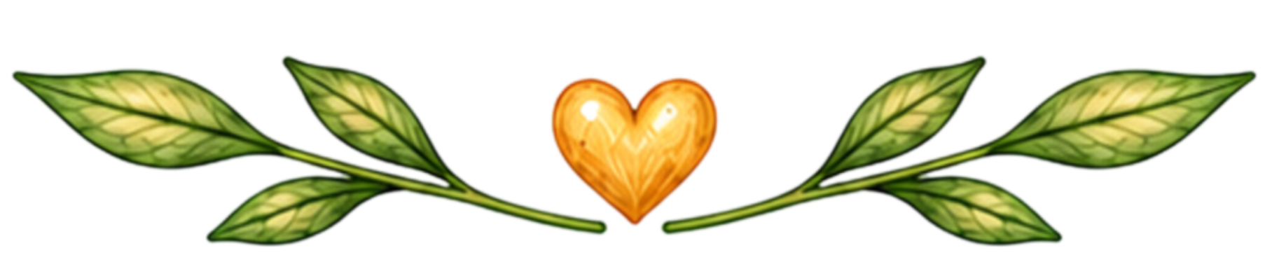 Illustration of a heart with two symmetrical leafy branches extending from both sides, all depicted in a whimsical, cartoon style with soft coloring.