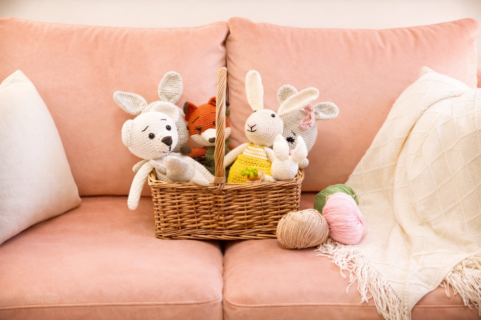 Handmade crochet woodland animals from Stitches by Moonlight, gathered together in a basket.