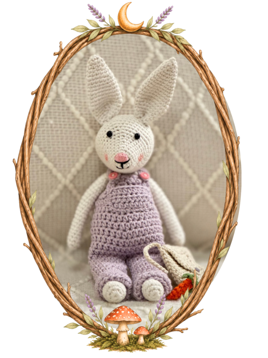 A crocheted stuffed bunny with white fur, pink cheeks, and a purple outfit, sitting inside a decorative oval frame with a moon and floral accents at the top and mushrooms at the bottom.