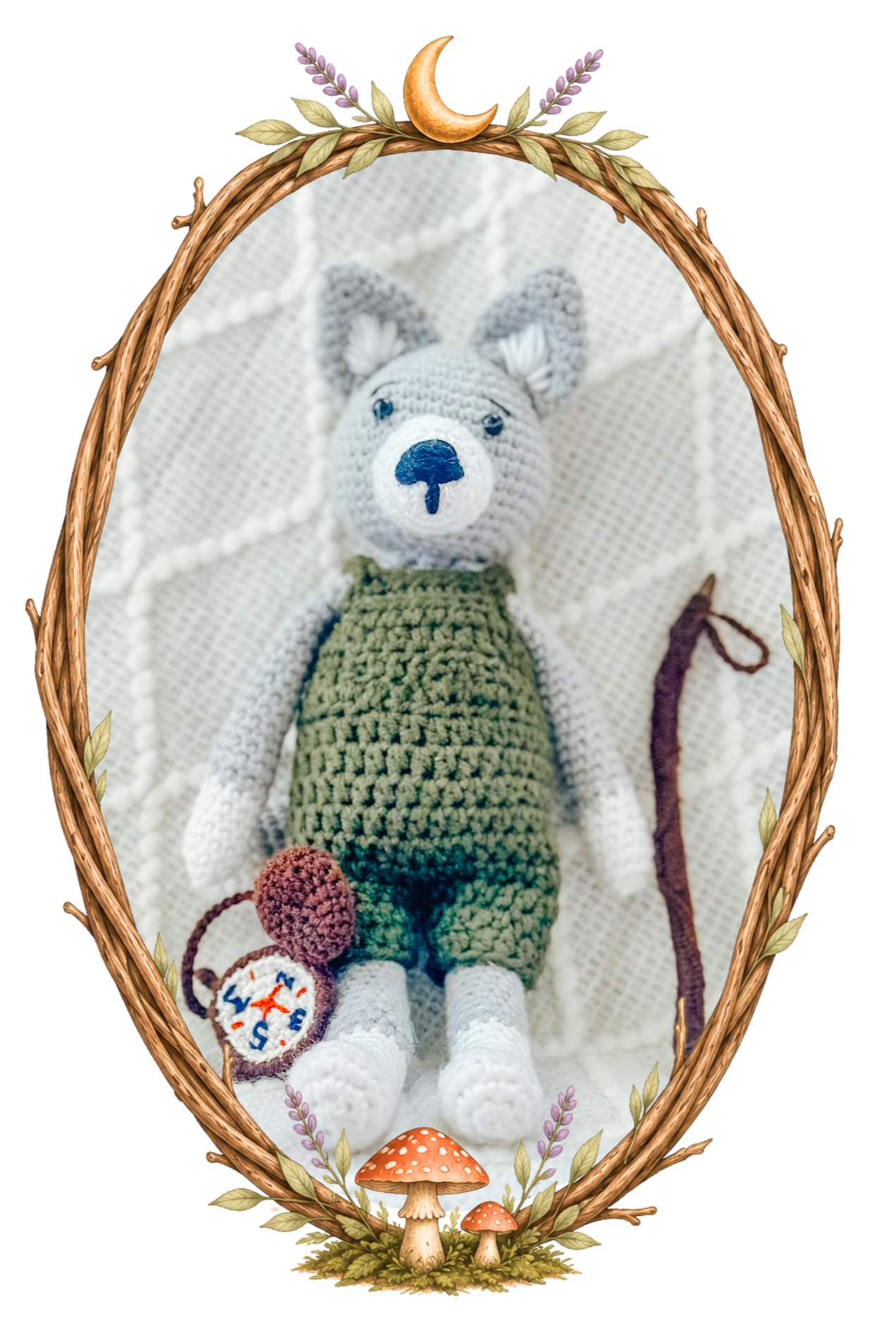 Wade the wolf, wearing green overalls, created by Stitches by Moonlight. He is guardian of Moonlit Hollow. A storybook world that follows the crochet characters who live there.