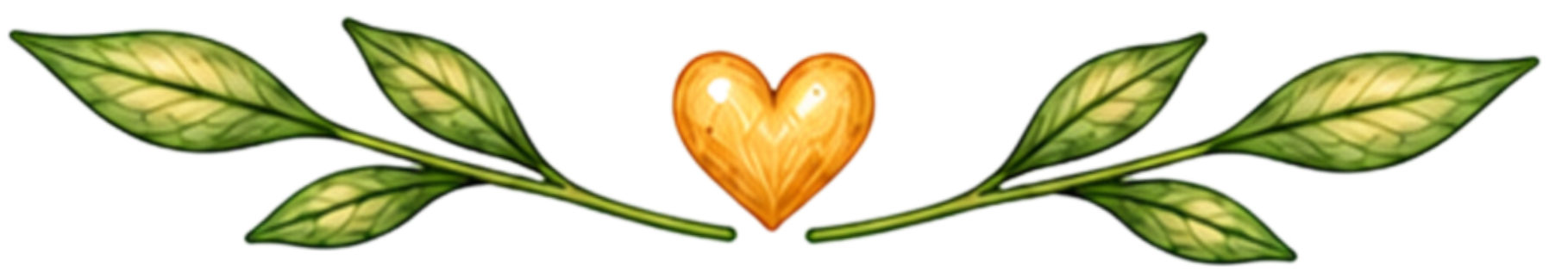 Decorative illustration of a golden heart with green leaves on either side.