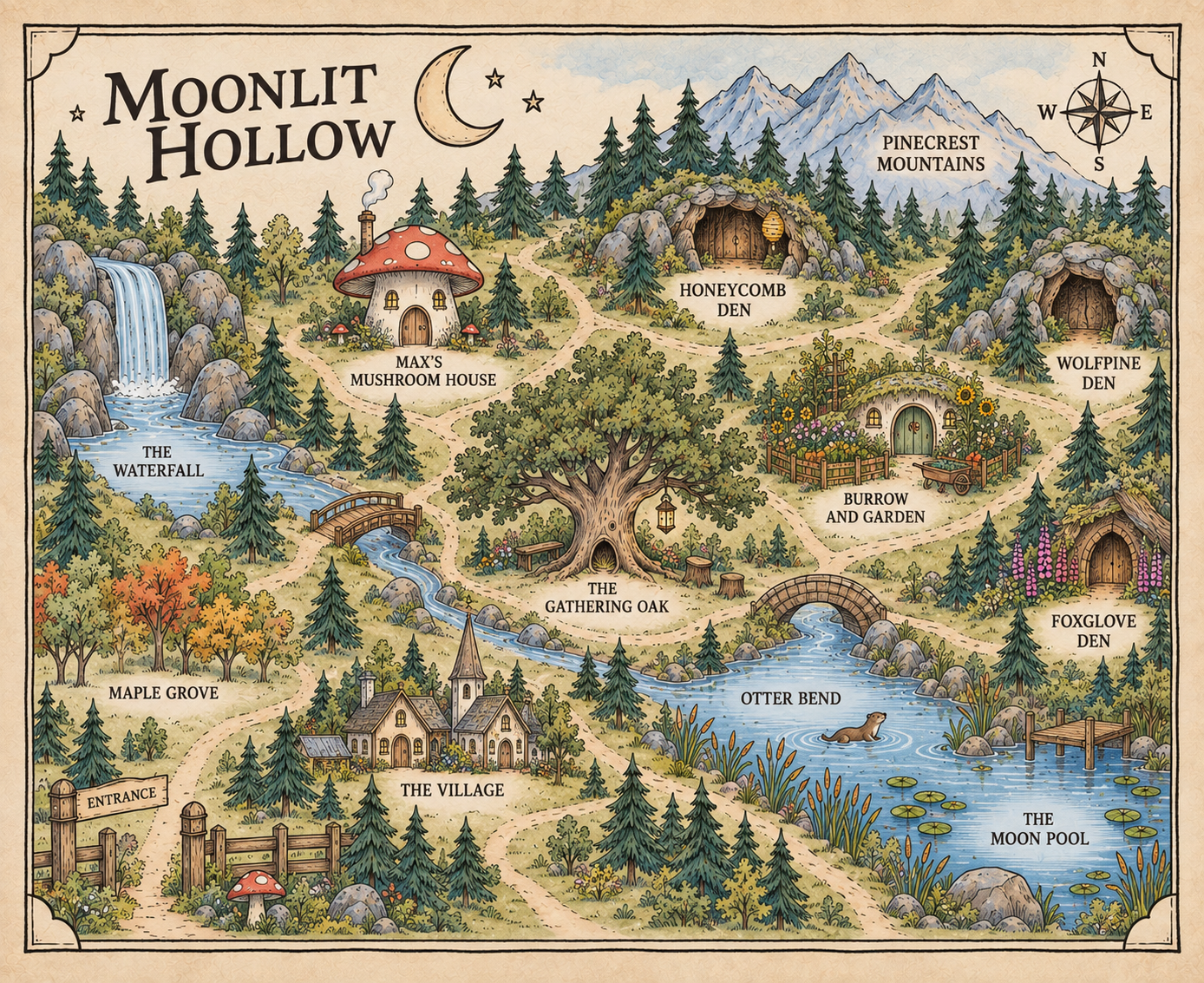 Map of Moonlit Hollow showing various locations including a waterfall, mushroom house, honeycomb den, wolfpine den, burrow and garden, foxglove den, a village with a church, the gathering oak, the moon pool, otter bend, and pinecrest mountains, with trees, mountains, pathways, and water features.