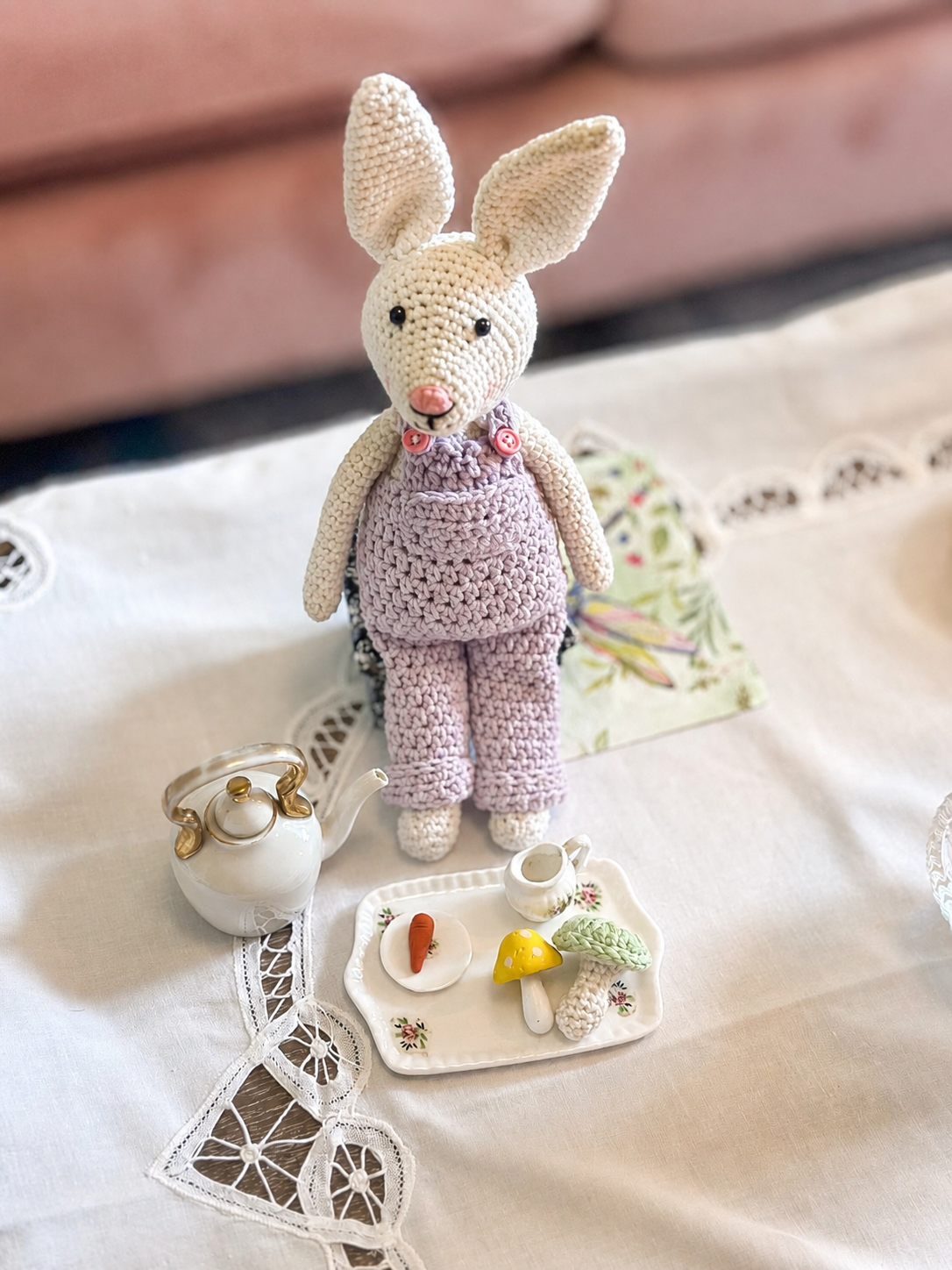 Reese the rabbit, created by Stitches by moonlight, wearing her signature purple overalls. She is herbalist of Moonlit Hollow