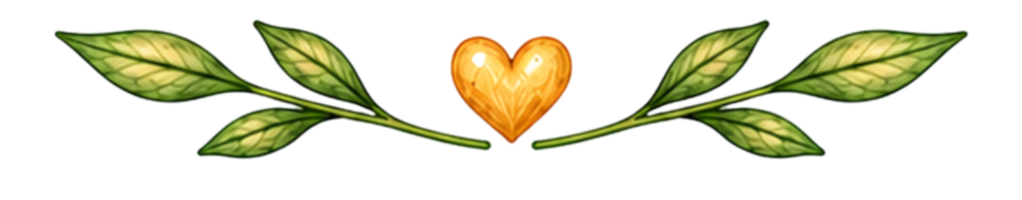 Illustration of a heart-shaped object between two green leafy branches.
