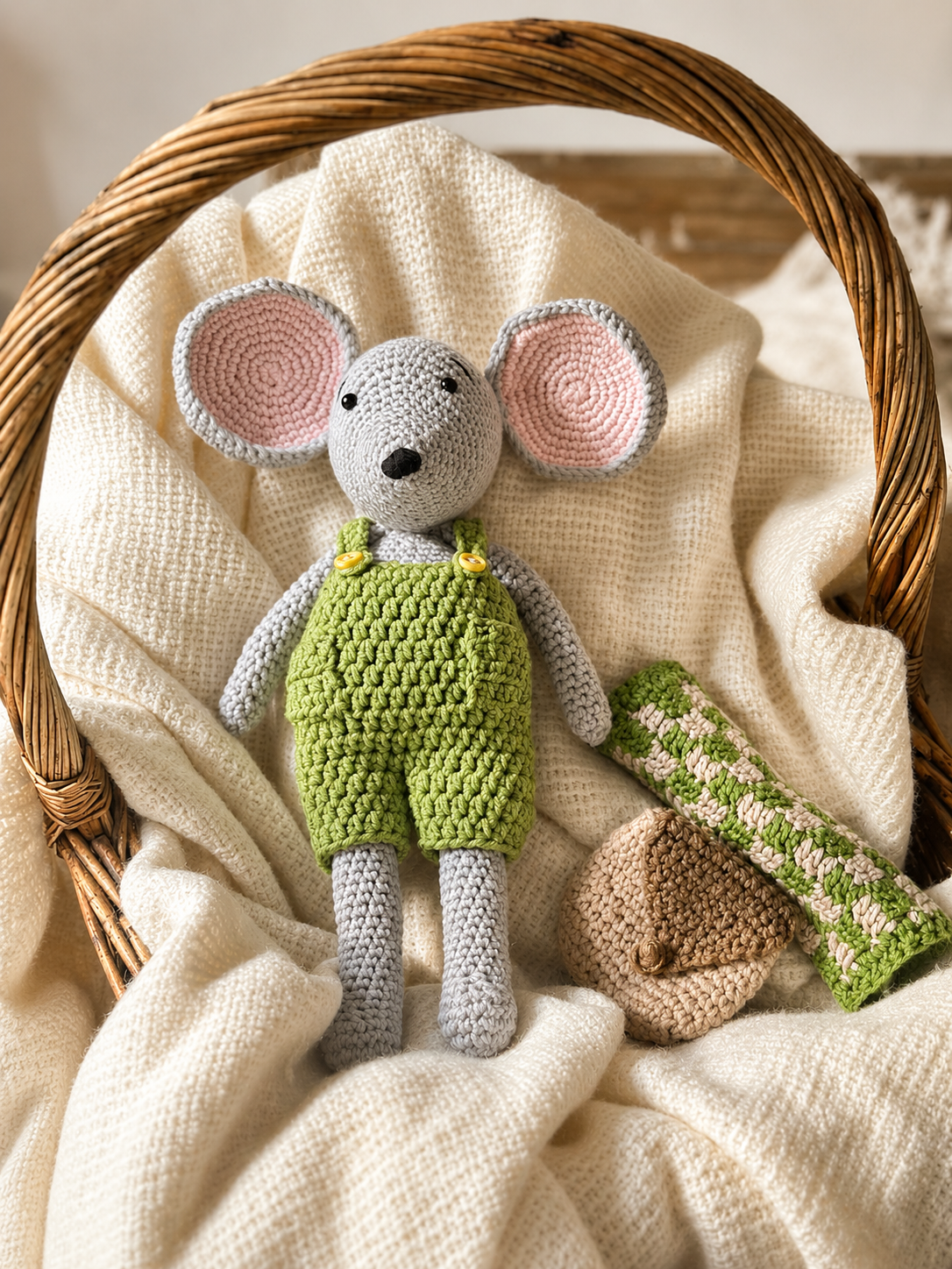 Max the Mouse, wearing green overalls, created by Stitches by Moonlight. He is the map maker of Moonlit Hollow. A storybook world that follows the crochet characters who live there. He is showcased in heirloom basket
