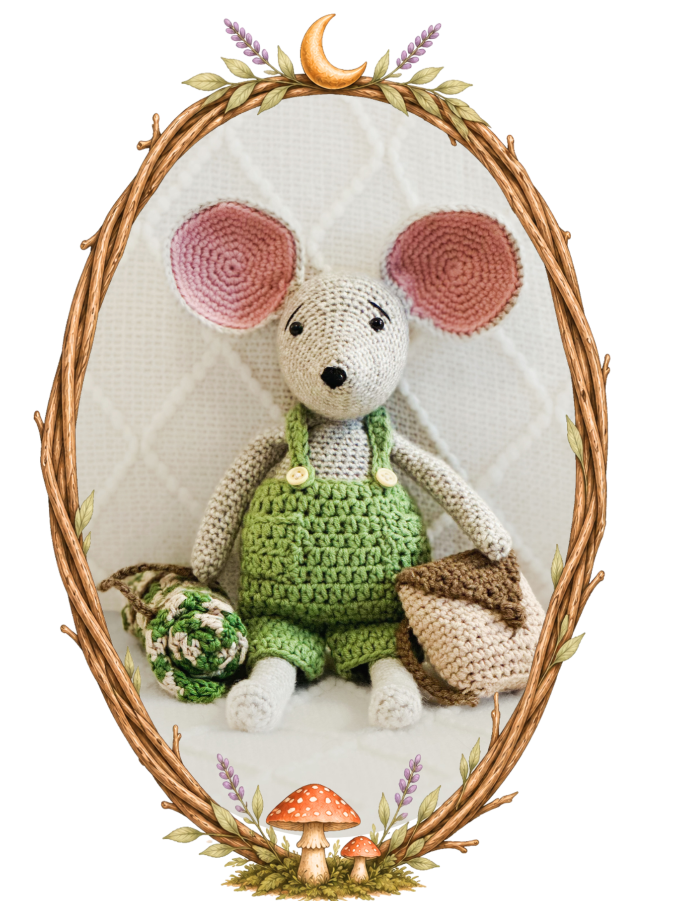 Max the Mouse, wearing green overalls, created by Stitches by Moonlight. He is the map maker of Moonlit Hollow. A storybook world that follows the crochet characters who live there.