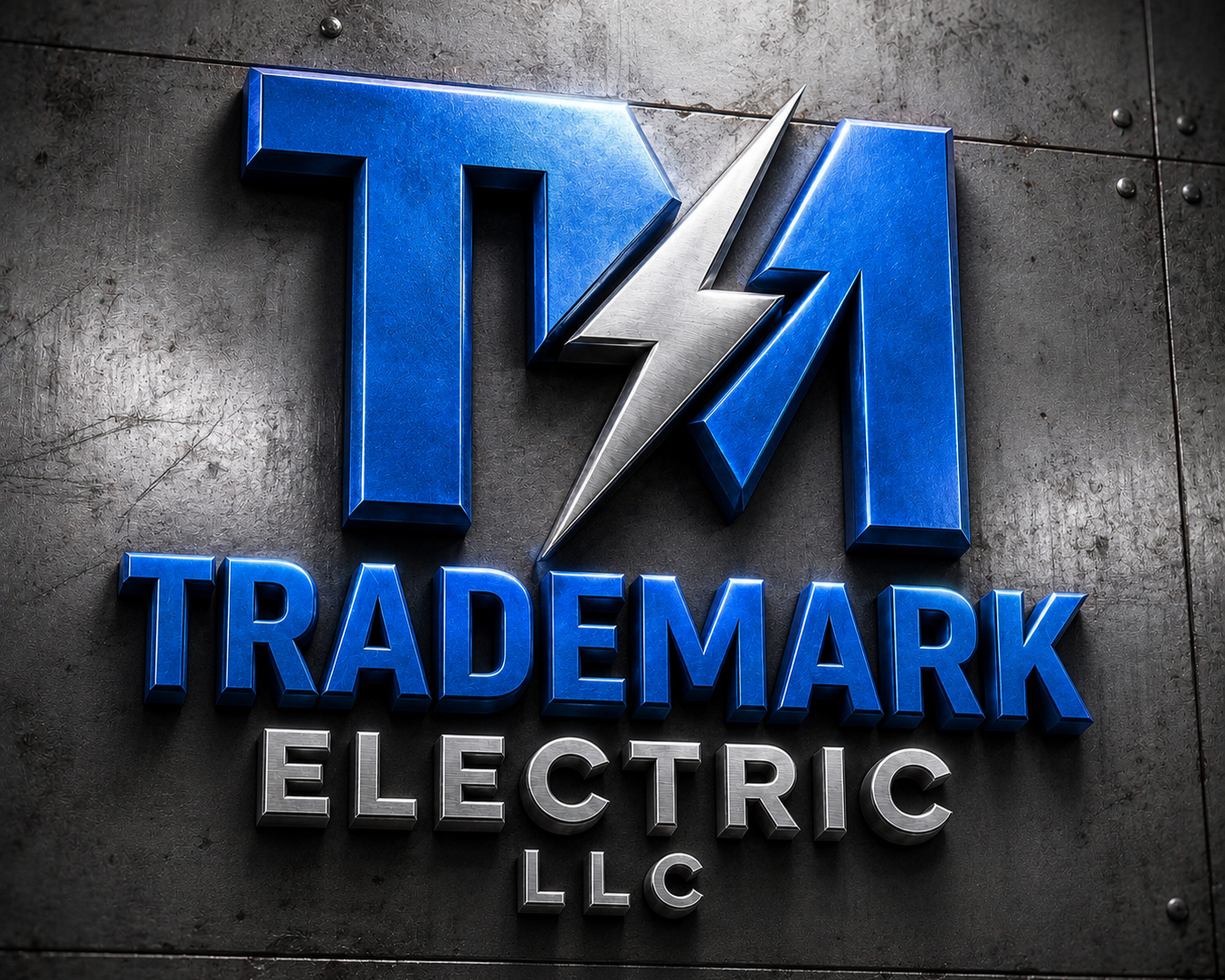 Blue and silver 3D sign for Trademark Electric LLC with a lightning bolt symbol on a dark wall background.