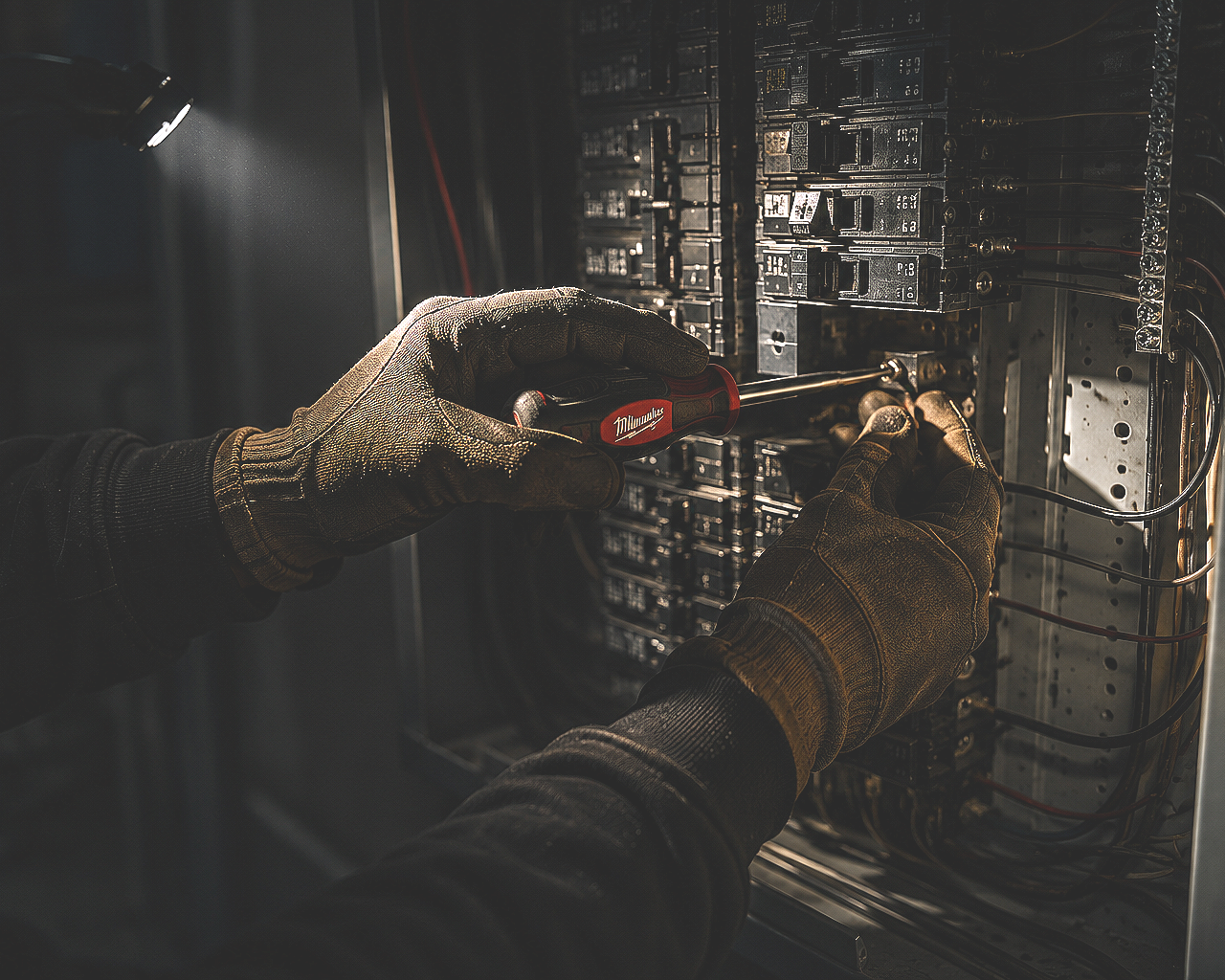 Electrician working inside electrical panel