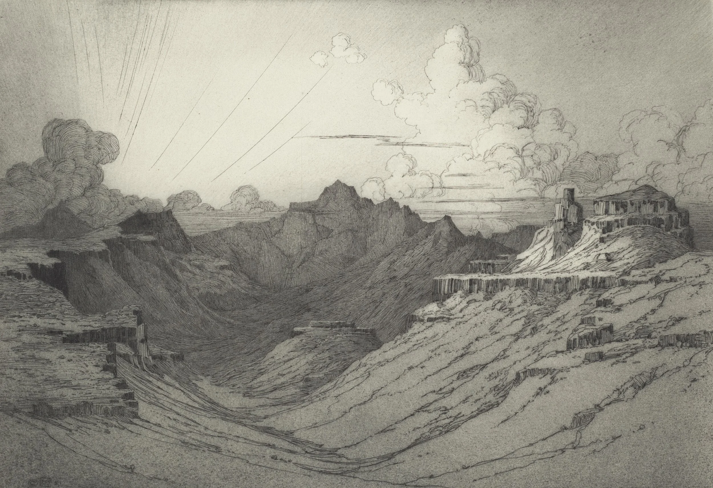 A detailed black and white sketch of a landscape with mountains, clouds, with flowing landforms and extensive sky.