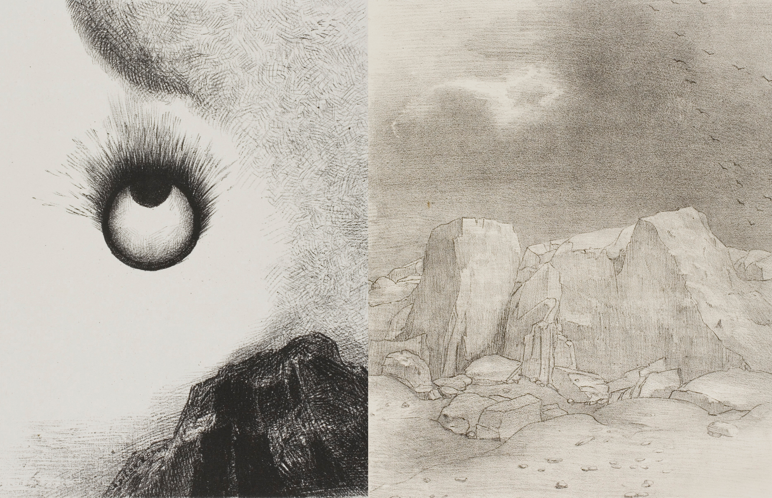 A split image with the left side showing a detailed black and white sketch of a person's eye in a desert landscape, and the right side depicting a monochrome drawing of rocky cliffs and a cloudy sky with birds flying.