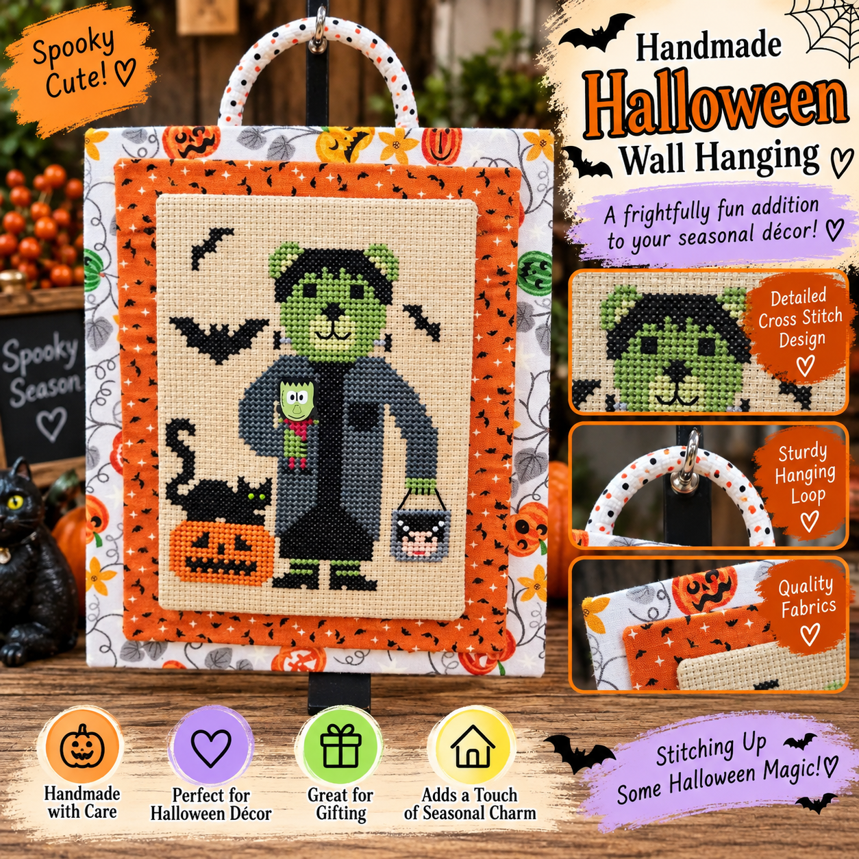 Handmade Frankenstein Bella Bear Halloween Wall Hanging – Cross Stitch & Fabric Décor