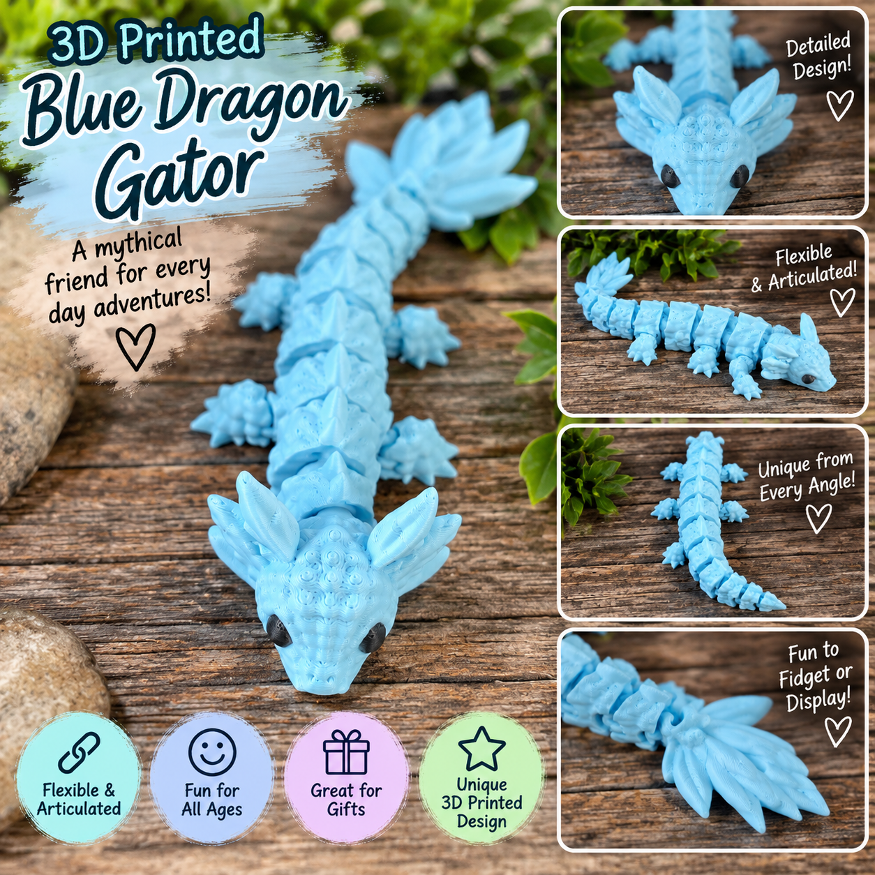 3D Printed Articulated Blue Dragon Gator
