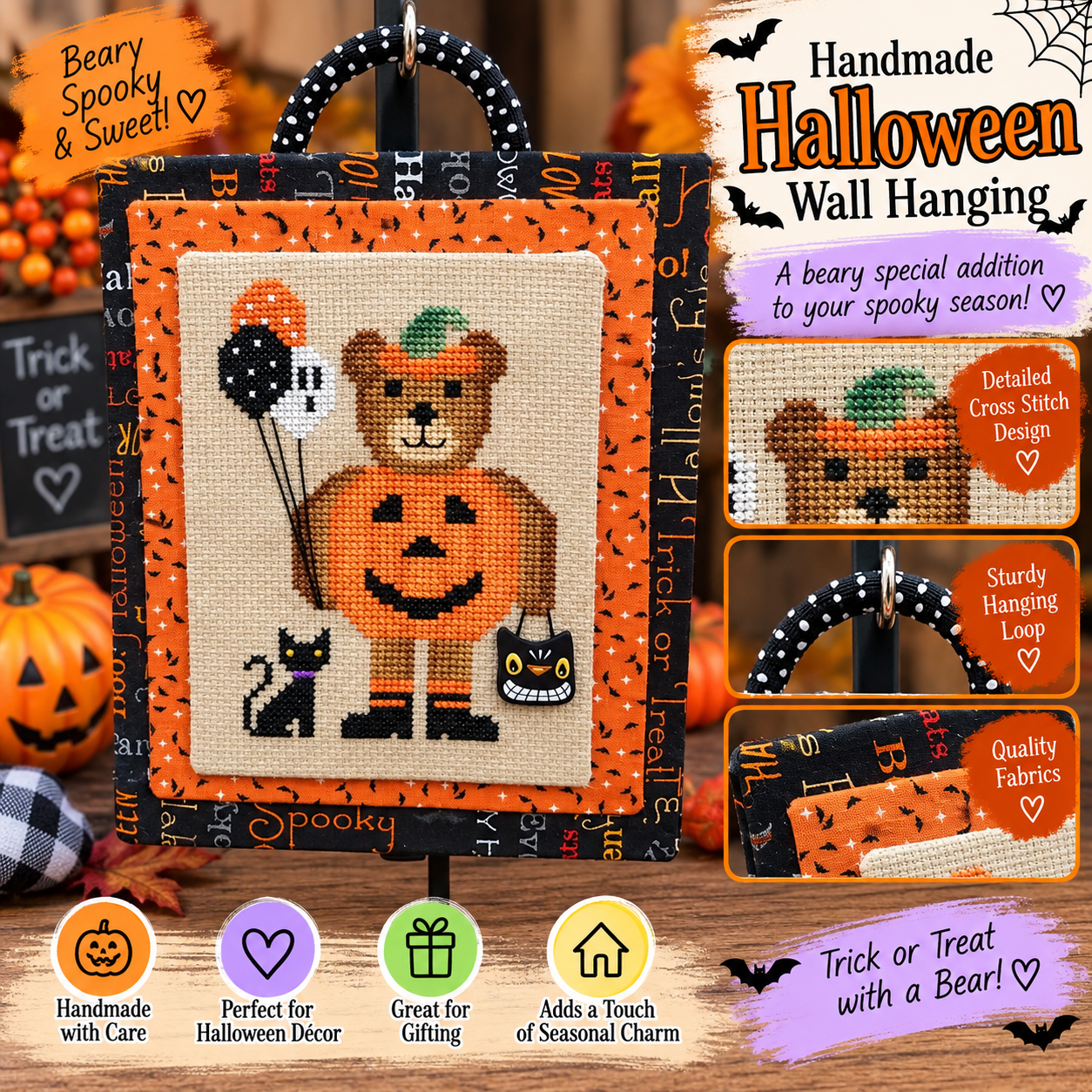 Handmade Pumpkin Bear Halloween Wall Hanging