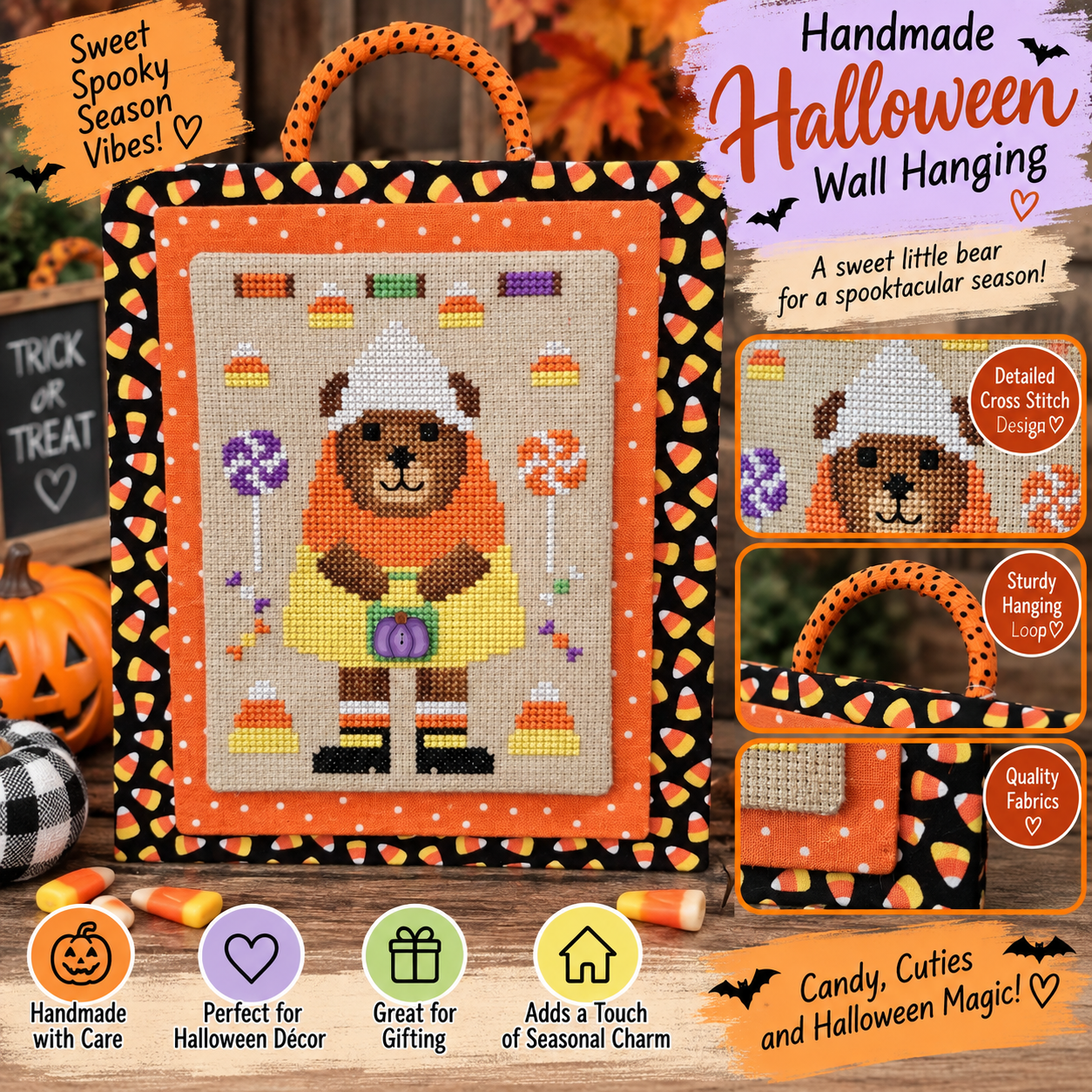 Handmade Candy Corn Bella Bear Halloween Wall Hanging