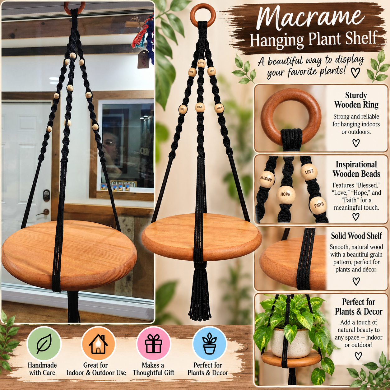 Handmade Macramé Hanging Plant Shelf – Wooden Shelf with Inspirational Beads