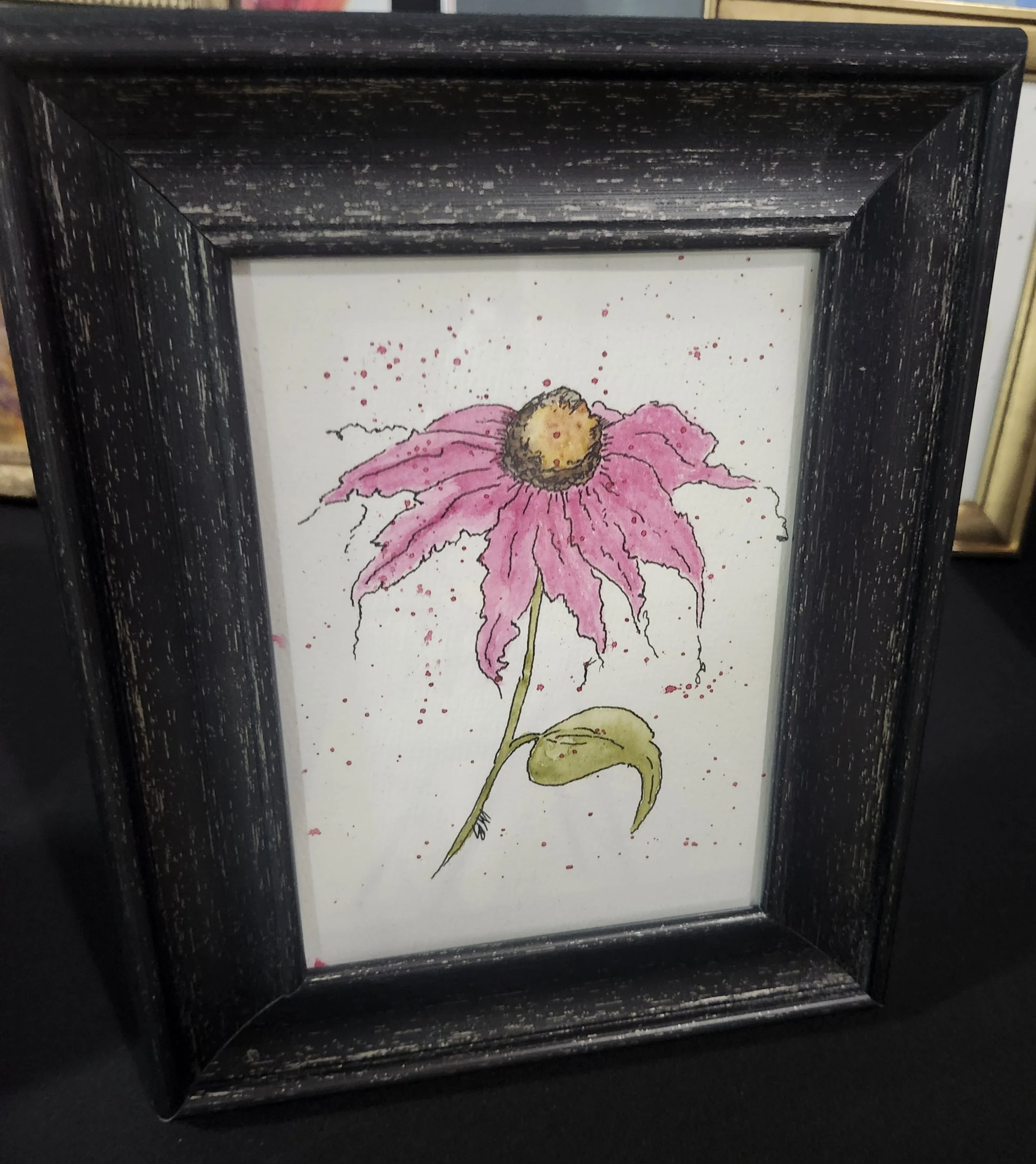 Hand-Painted 5x7 Pink Coneflower Watercolor Art – Original Local Artist Floral Painting in Rustic Black Frame