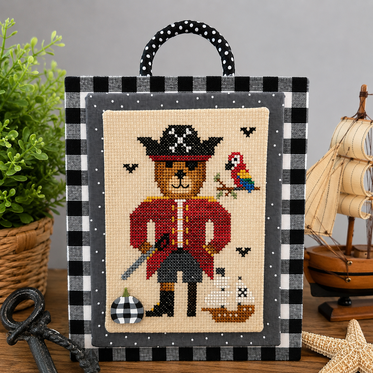 Handmade Pirate Bear Cross Stitch Hanging Décor – Whimsical Nautical Bear Wall Art