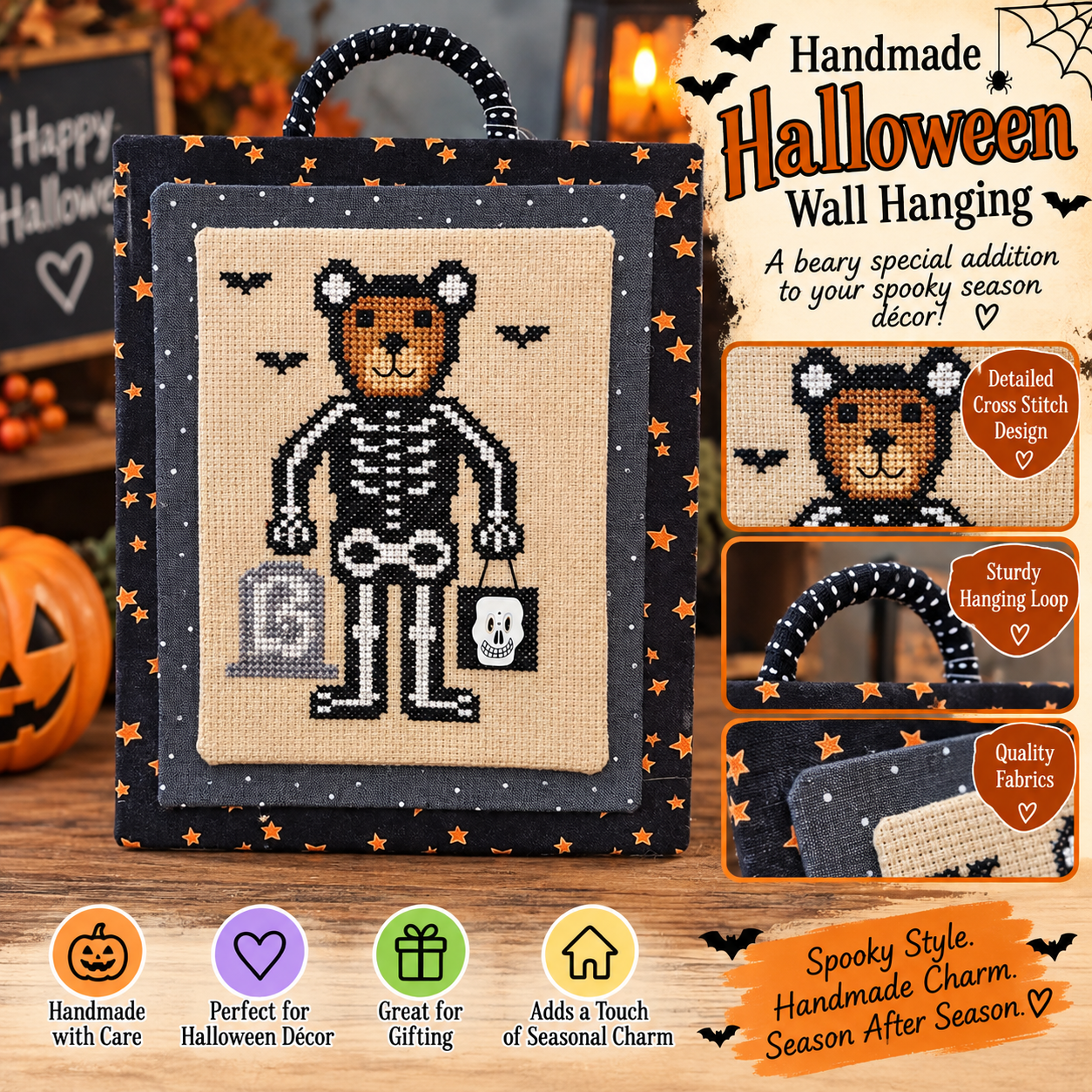 Handmade Skeleton Bear Halloween Cross Stitch Wall Hanging