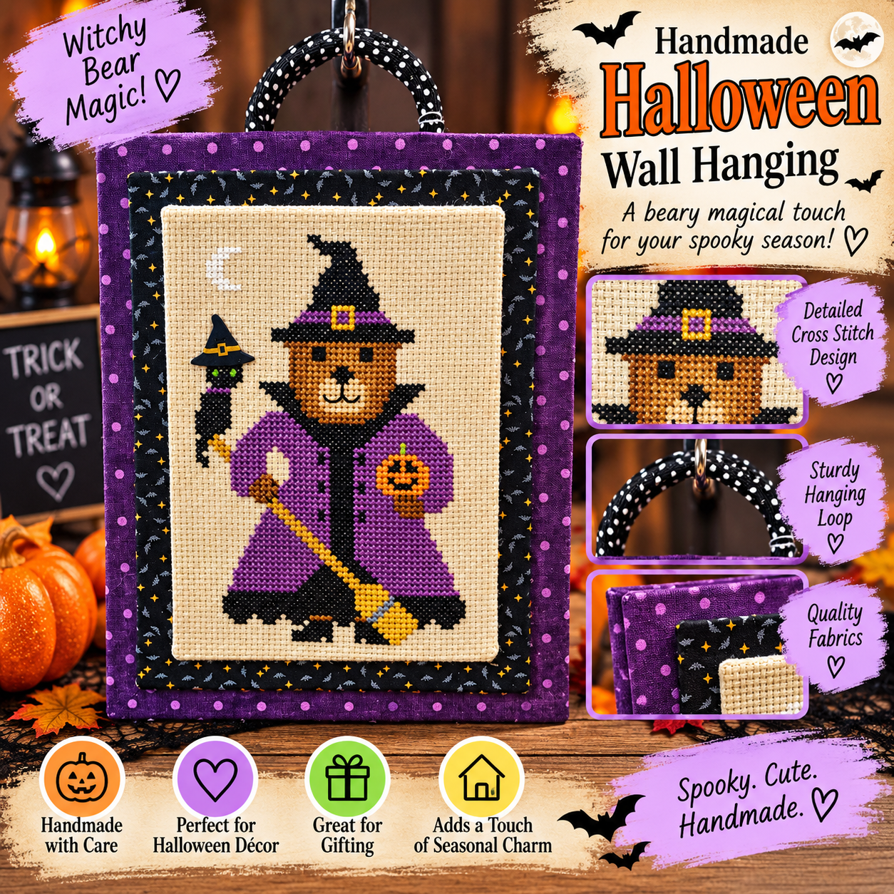 Handmade Witch Bella Bear Halloween Wall Hanging