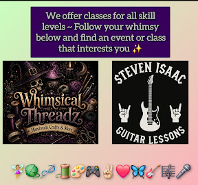 A poster advertising classes for all skill levels, with a whimsical theme and a sign-up prompt. Below, there are three sections: one features a logo for 'Whimsical Threadz' with a celestial design; another displays a black and white guitar lesson sign for 'Steven Isaac Guitar Lessons' with hand gestures; the third shows a row of colorful emojis and icons including a globe, a paint palette, a book, a crown, a heart, a butterfly, a flask, a microphone, and a pencil.
