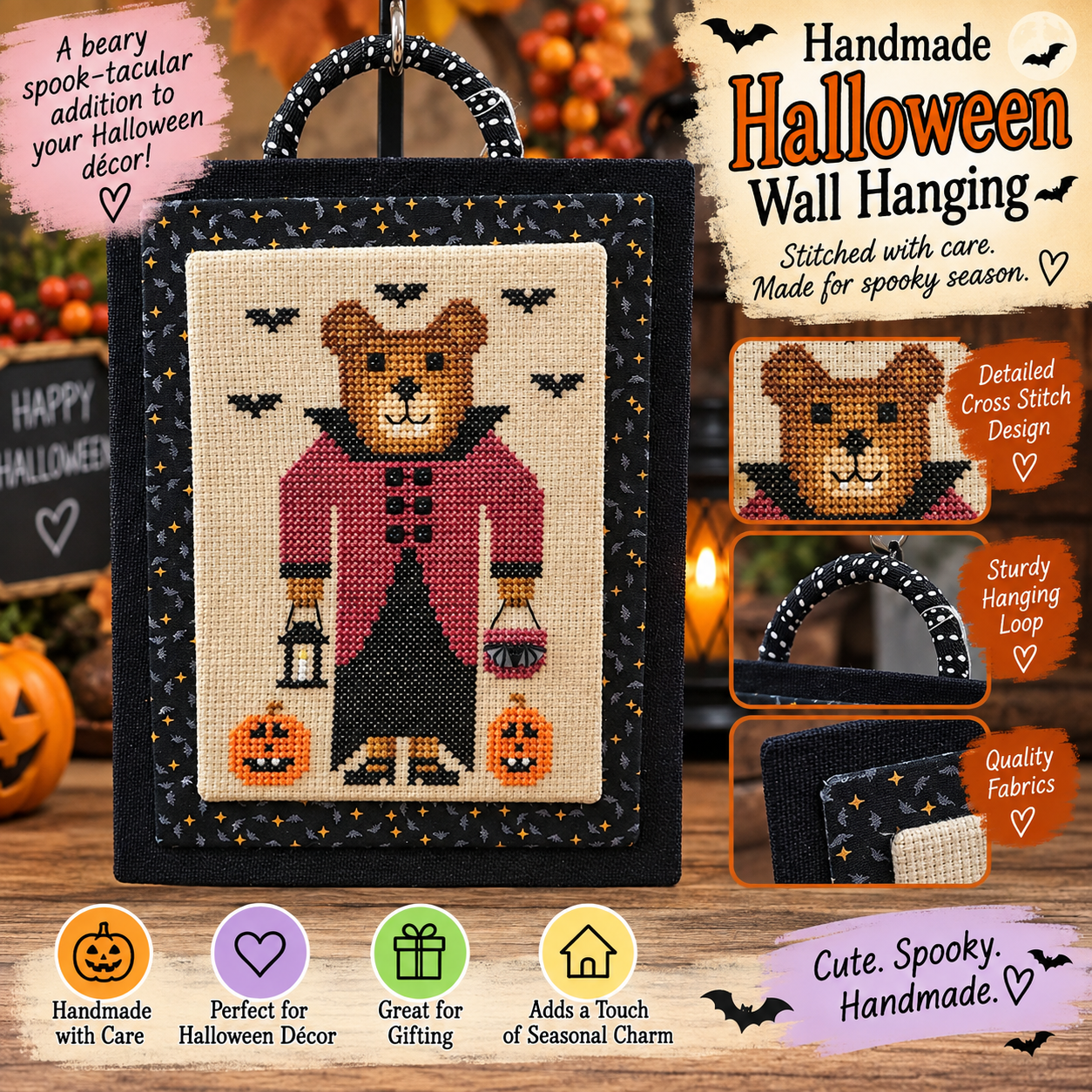 Handmade Halloween Vampire Bella Bear Wall Hanging – Cross Stitch & Fabric Décor