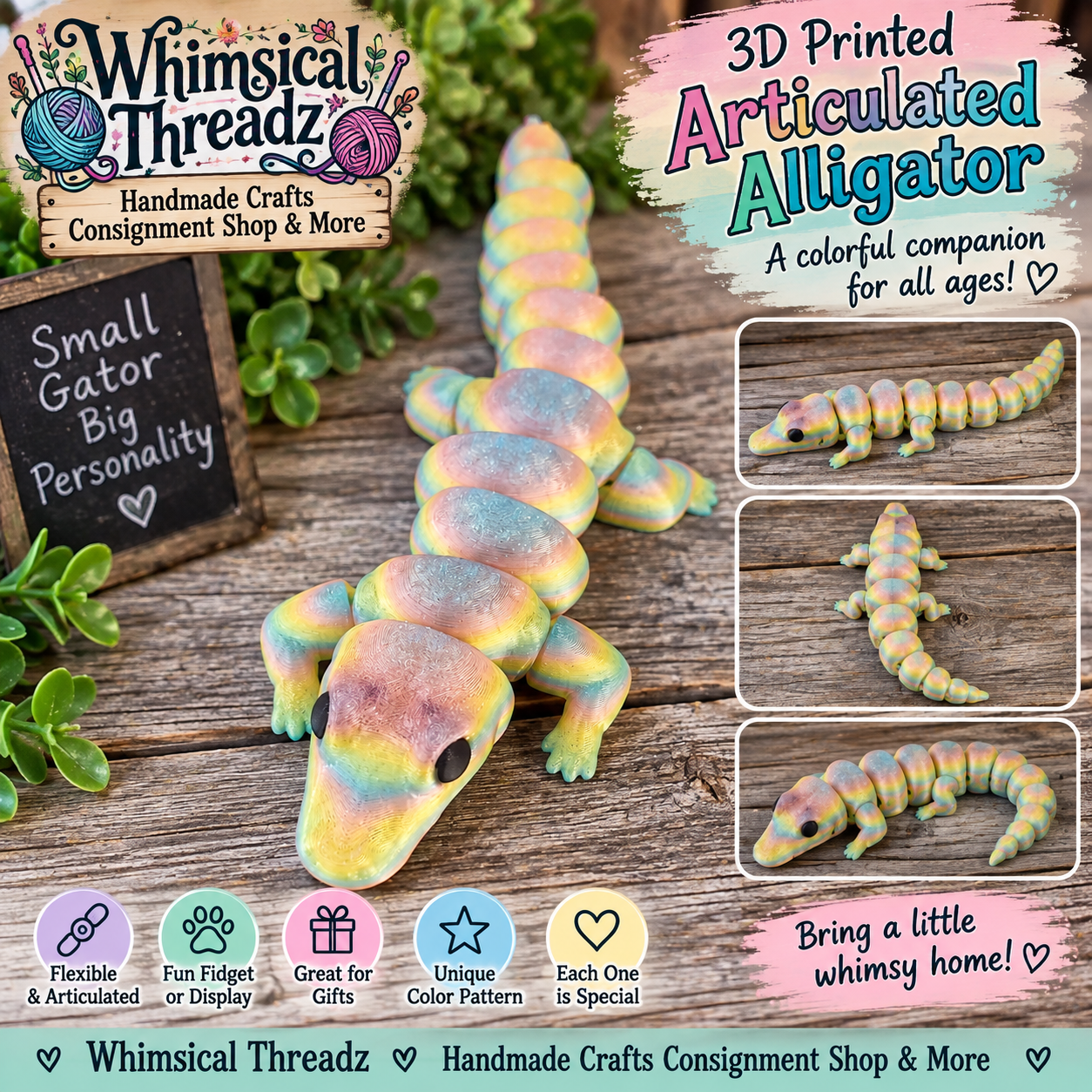 3D Printed Articulated Rainbow Alligator – Flexible Fidget & Display Figure