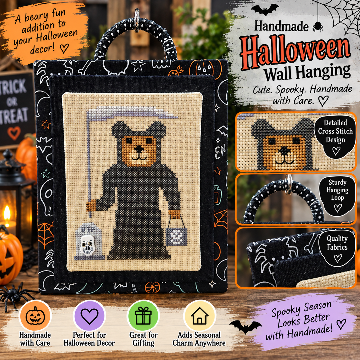 Handmade Halloween Grim Reaper Bella Bear Wall Hanging – Cross Stitch & Fabric Décor