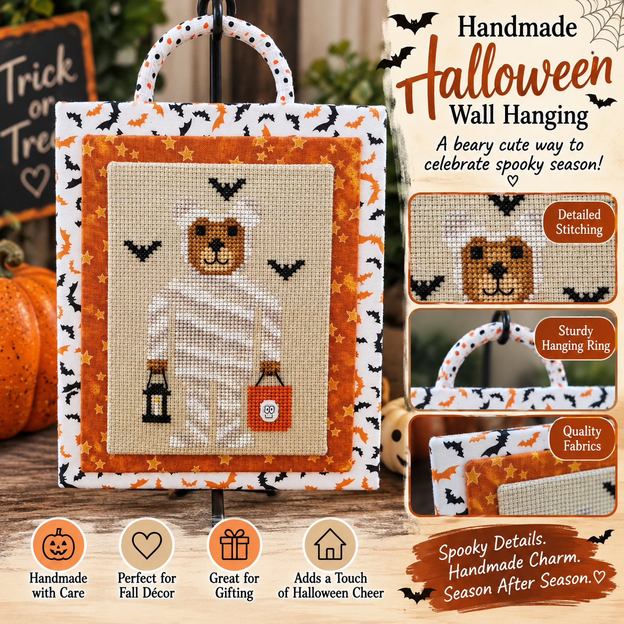 Handmade Halloween Mummy Bear Wall Hanging – Cross Stitch & Fabric Fall Décor
