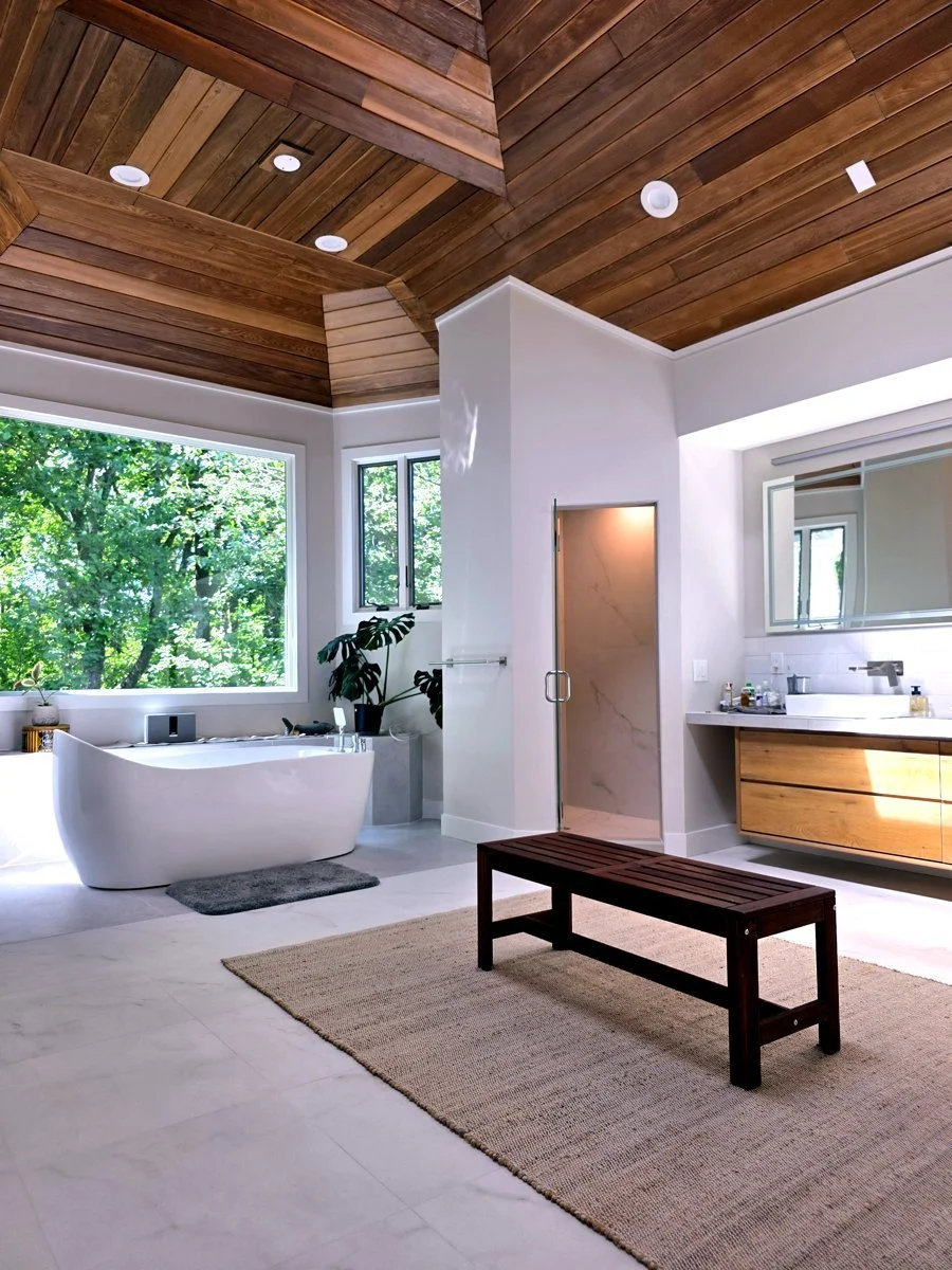 Spa master bathroom remodel in Chester NJ with freestanding tub, walk in shower and cedar ceiling