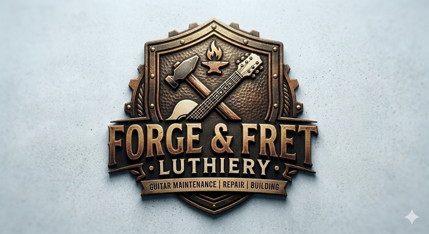 A metallic emblem for Forge & Fret Luthiery featuring a shield-shaped background with a hammer, torch, and guitar crossed behind the text. Includes the services: guitar maintenance, repair, and building.