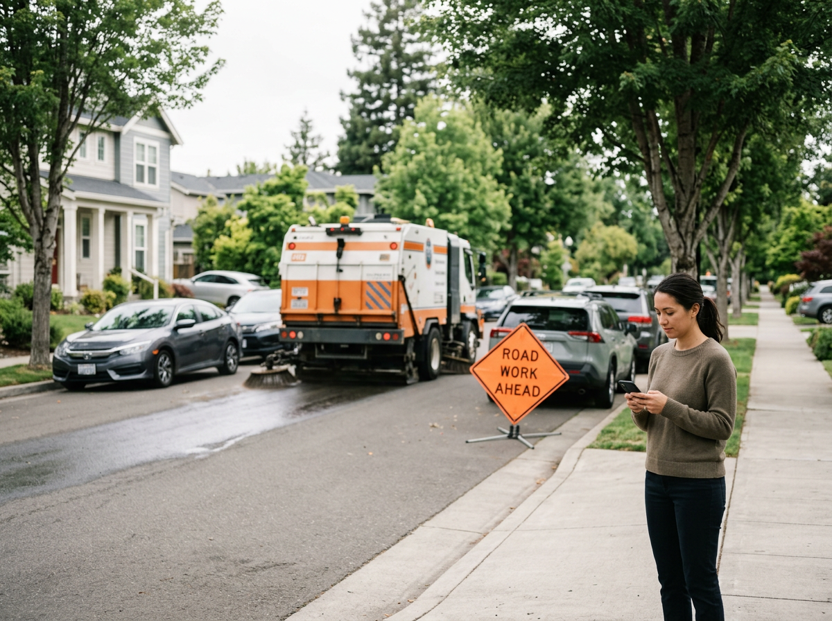 A woman stands on a sidewalk looking at her phone near a road work sign and street cleaning vehicle on a residential street lined with trees.