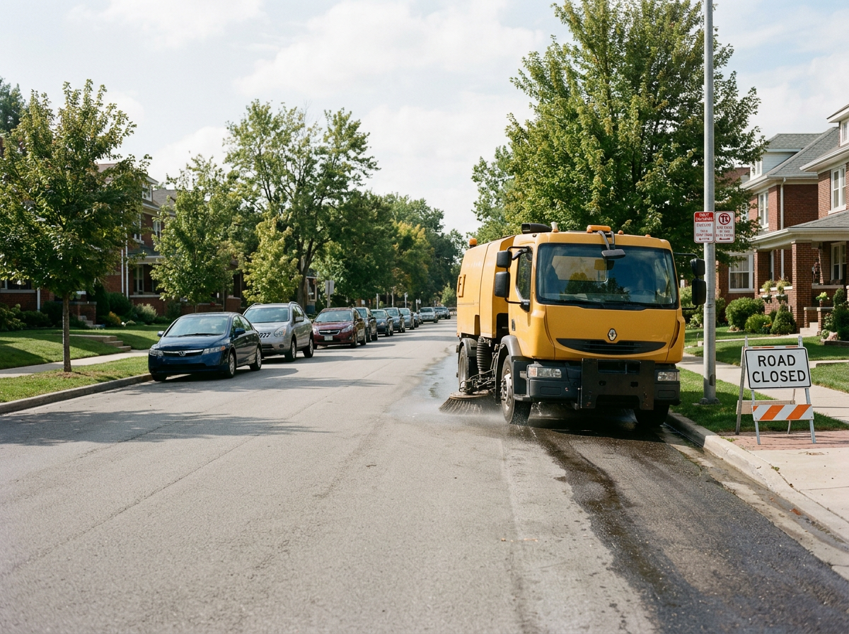 A street sweeper truck cleaning a residential street with parked cars, trees, and houses on a sunny day. A "Road Closed" sign is visible on the sidewalk.