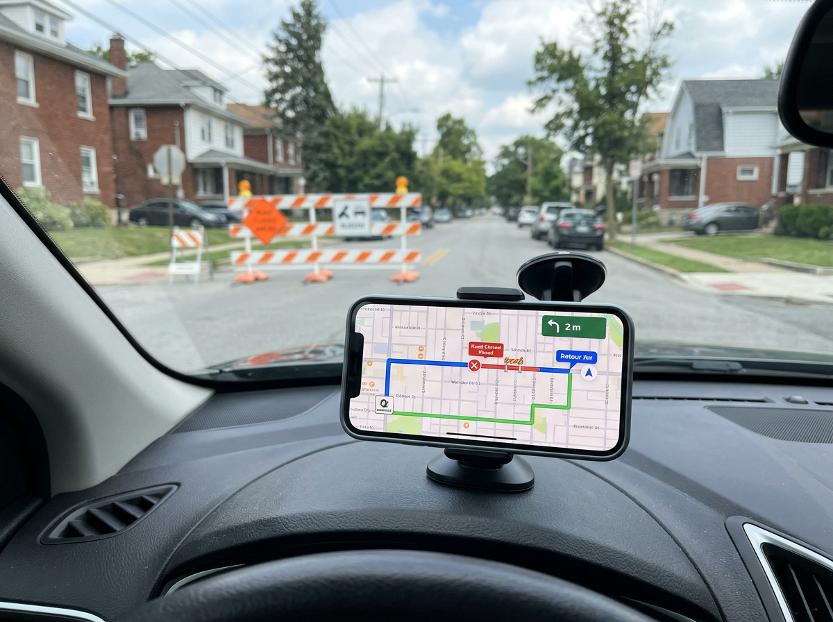 View from inside a car showing a street with residential houses, trees, parked cars, and a road intersection blocked by orange and white construction barricades with a sign indicating a road closure ahead. The car's dashboard-mounted GPS displays a route with a red cross indicating the road closed ahead, and instructions to make a left turn in 2 meters with a blue return arrow.
