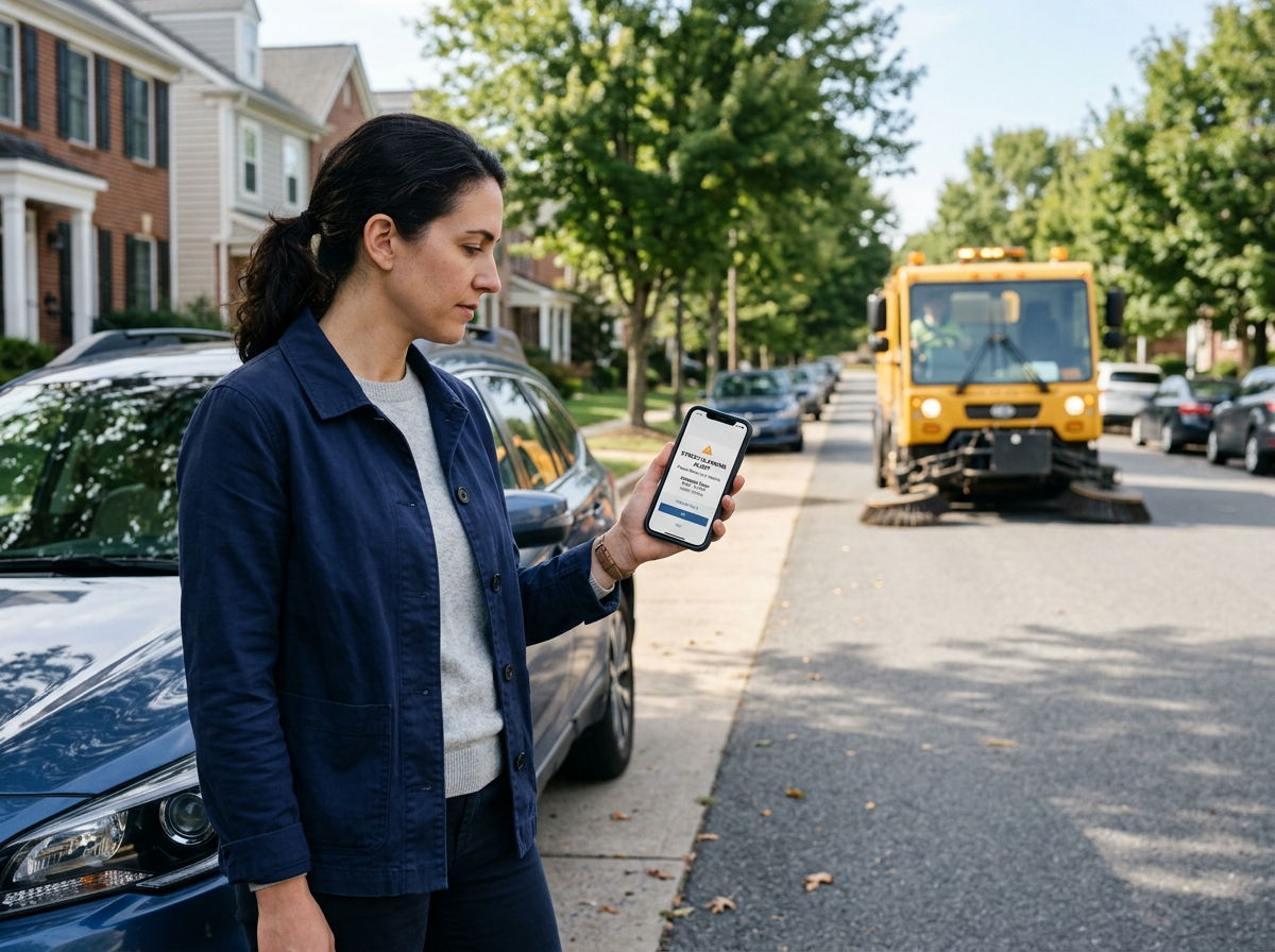 A woman standing on a residential street looking at her phone, with a parked car and a street sweeper in the background, on a sunny day with green trees.