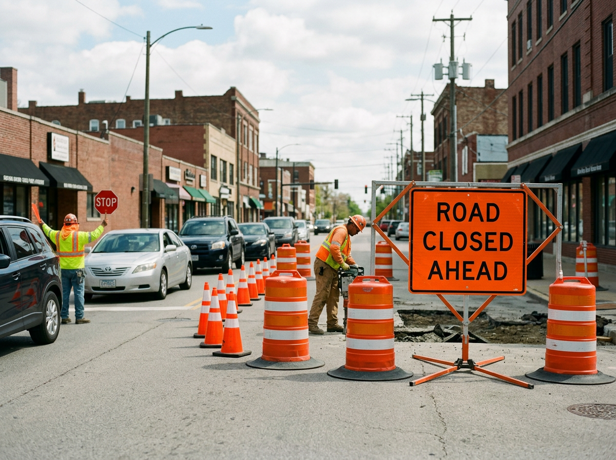 Construction workers blocking a street with orange cones and a sign that says "Road Closed Ahead." One worker is holding a stop sign, and another is working near the road damage.
