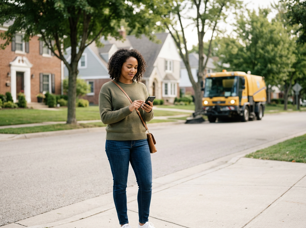 A woman with curly hair wearing a green sweater and blue jeans standing on a sidewalk in a residential neighborhood, looking at her smartphone. A yellow street sweeper vehicle is in the background on the street.