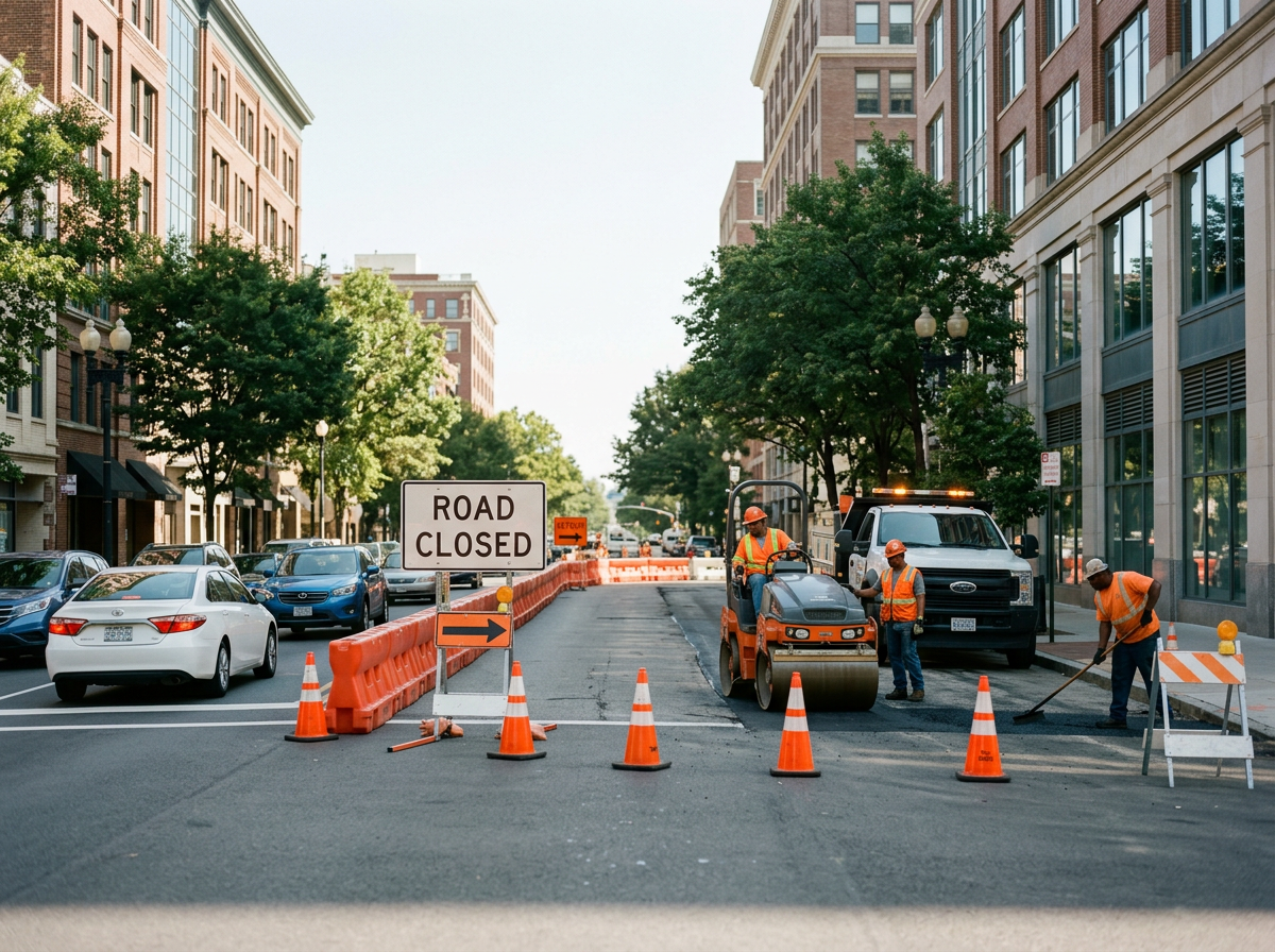 Construction workers in orange vests and helmets repairing a road in an urban area, with cars parked along the street and buildings on either side, and a 'Road Closed' sign at the entrance to the construction zone.