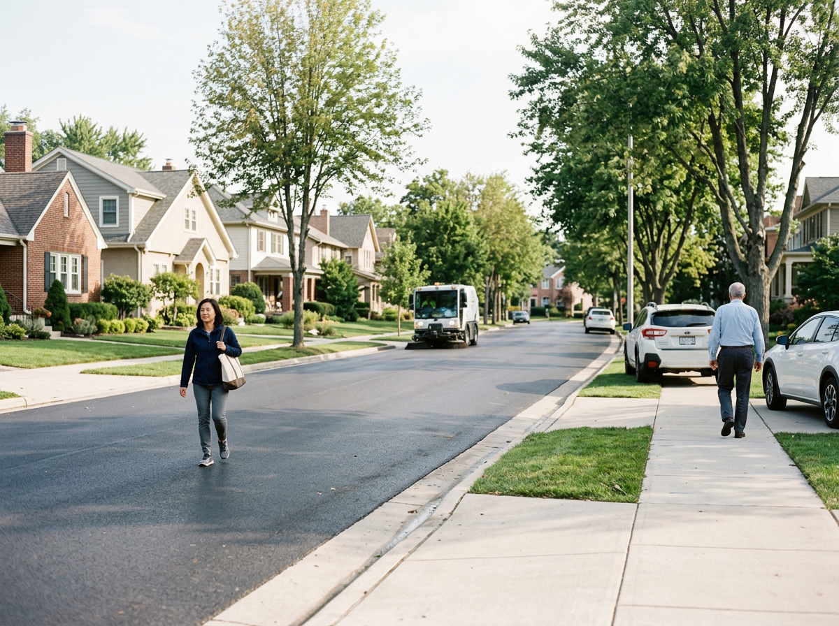 A suburban neighborhood street with houses, trees, and parked cars. A woman is walking on the street, and a man is walking on the sidewalk.