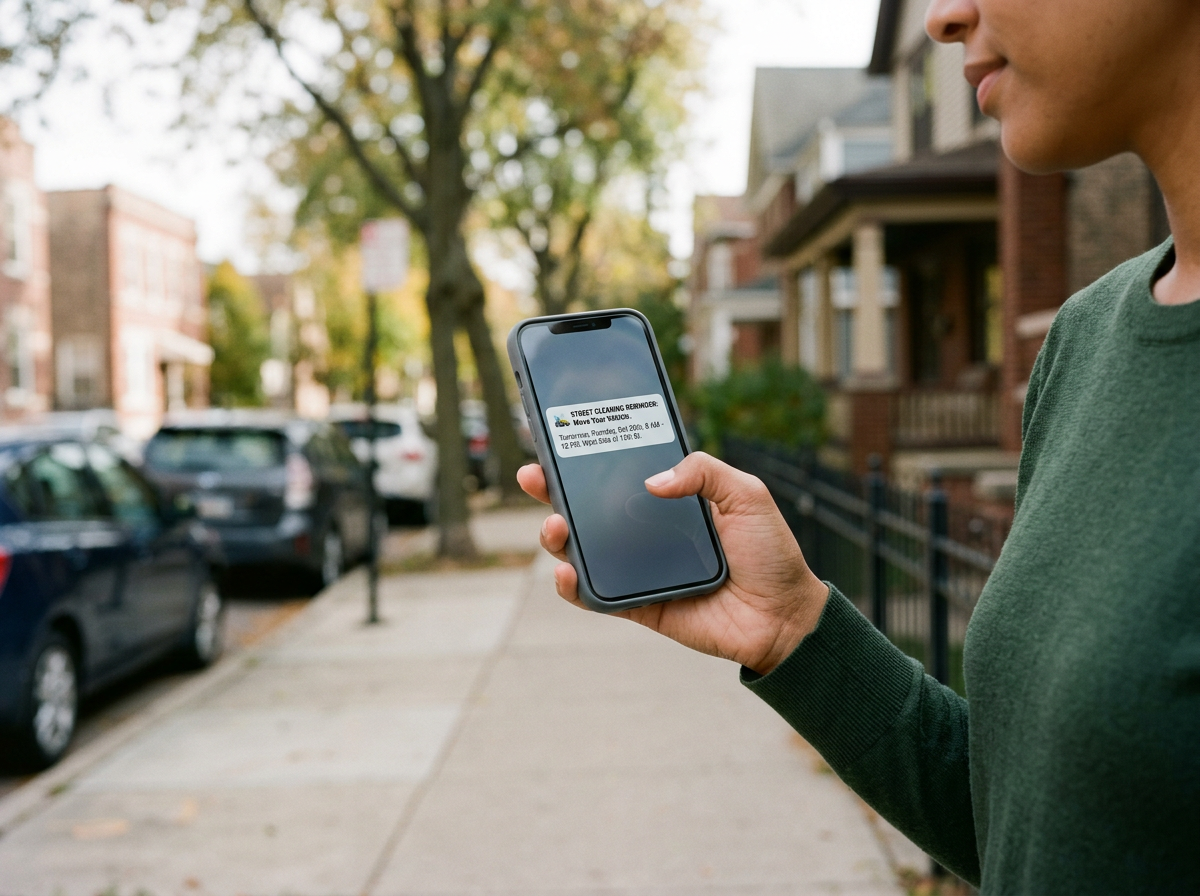 Person holding a smartphone with a street cleaning reminder notification on a residential sidewalk with parked cars and houses in the background.