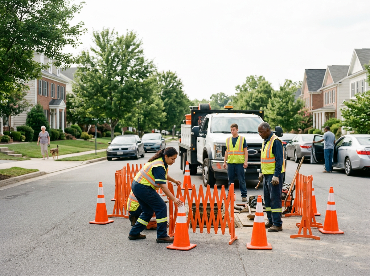 Workers in safety vests and gloves repair a street, surrounded by orange cones and barriers, in a residential neighborhood with cars parked and houses with well-maintained lawns.