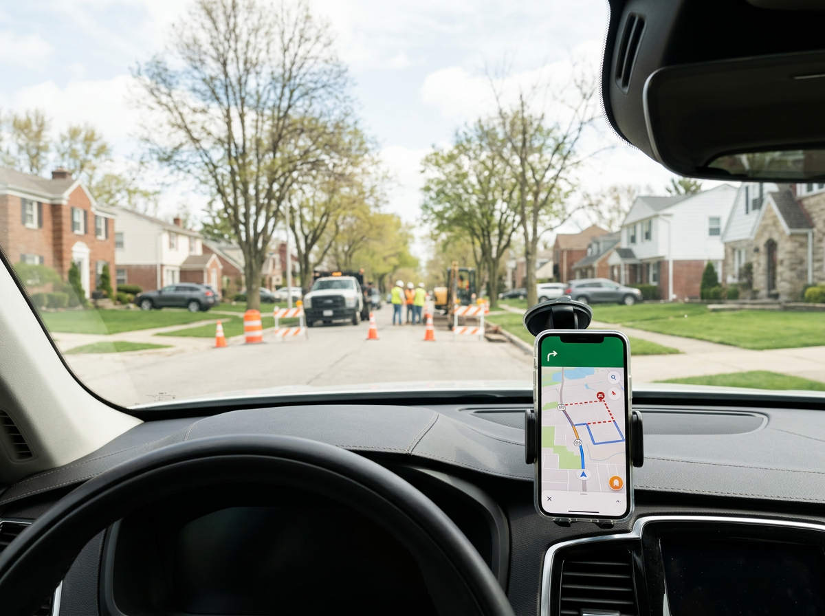 View from inside a car showing a street with construction work in progress, orange traffic cones, construction workers, and parked cars. A smartphone mounted on the dashboard displays a navigation map.
