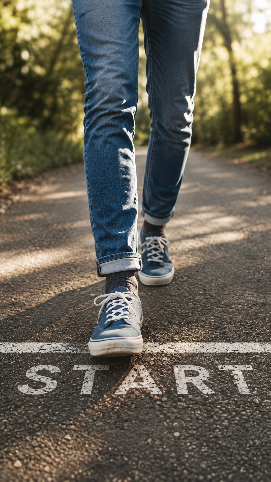 Person walking on a paved path with a 'START' line visible on the ground, surrounded by trees and greenery.