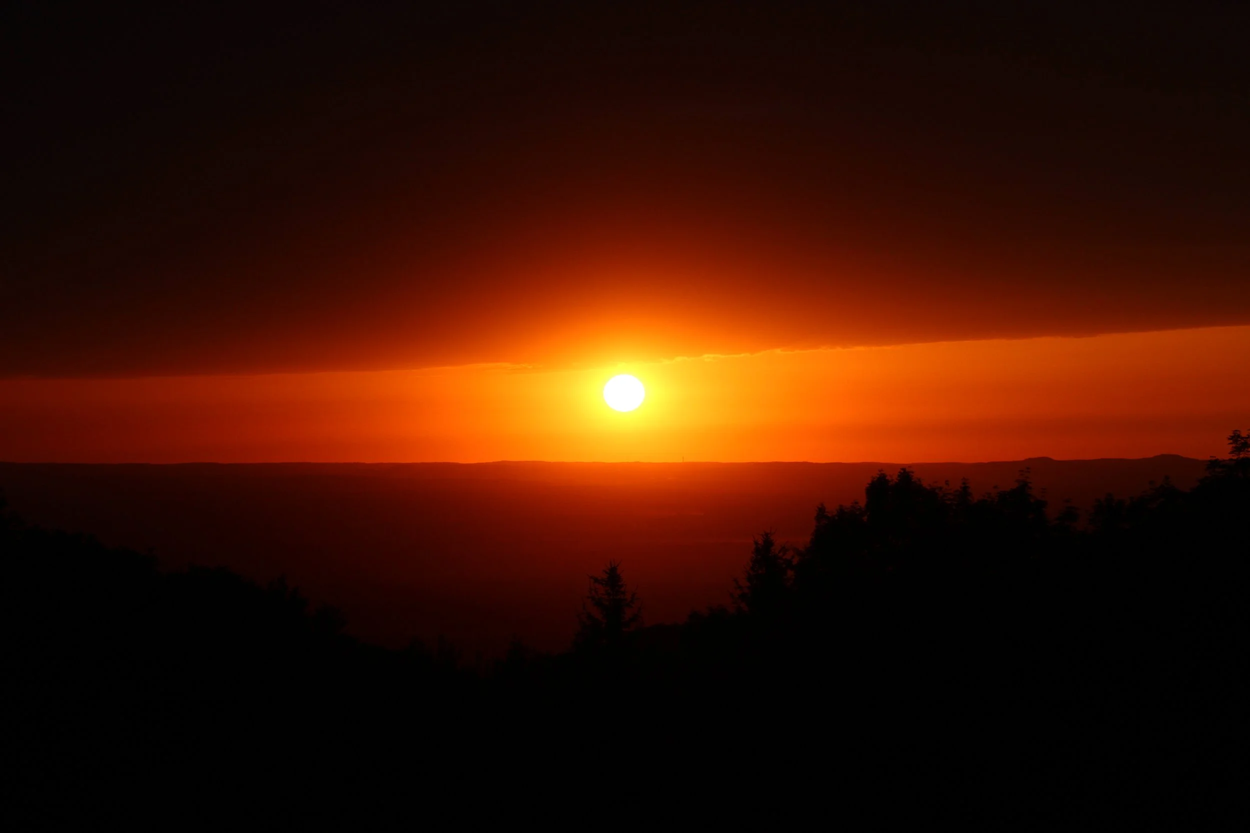 A sunset over a landscape with dark silhouettes of trees and a bright orange sun partially obscured by dark clouds.