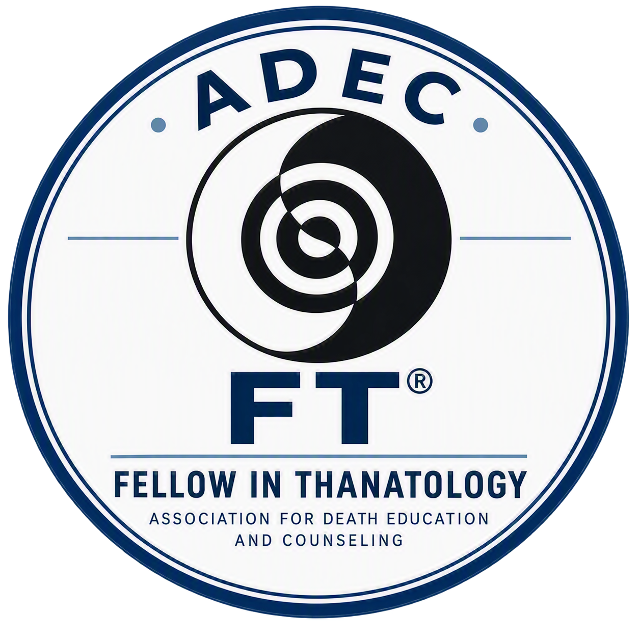Logo of ADES FET, featuring a circular design with concentric spiral patterns and the words 'Fellow in Thanatology' under the acronym. The full name 'Association for Death Education and Counseling' appears below.