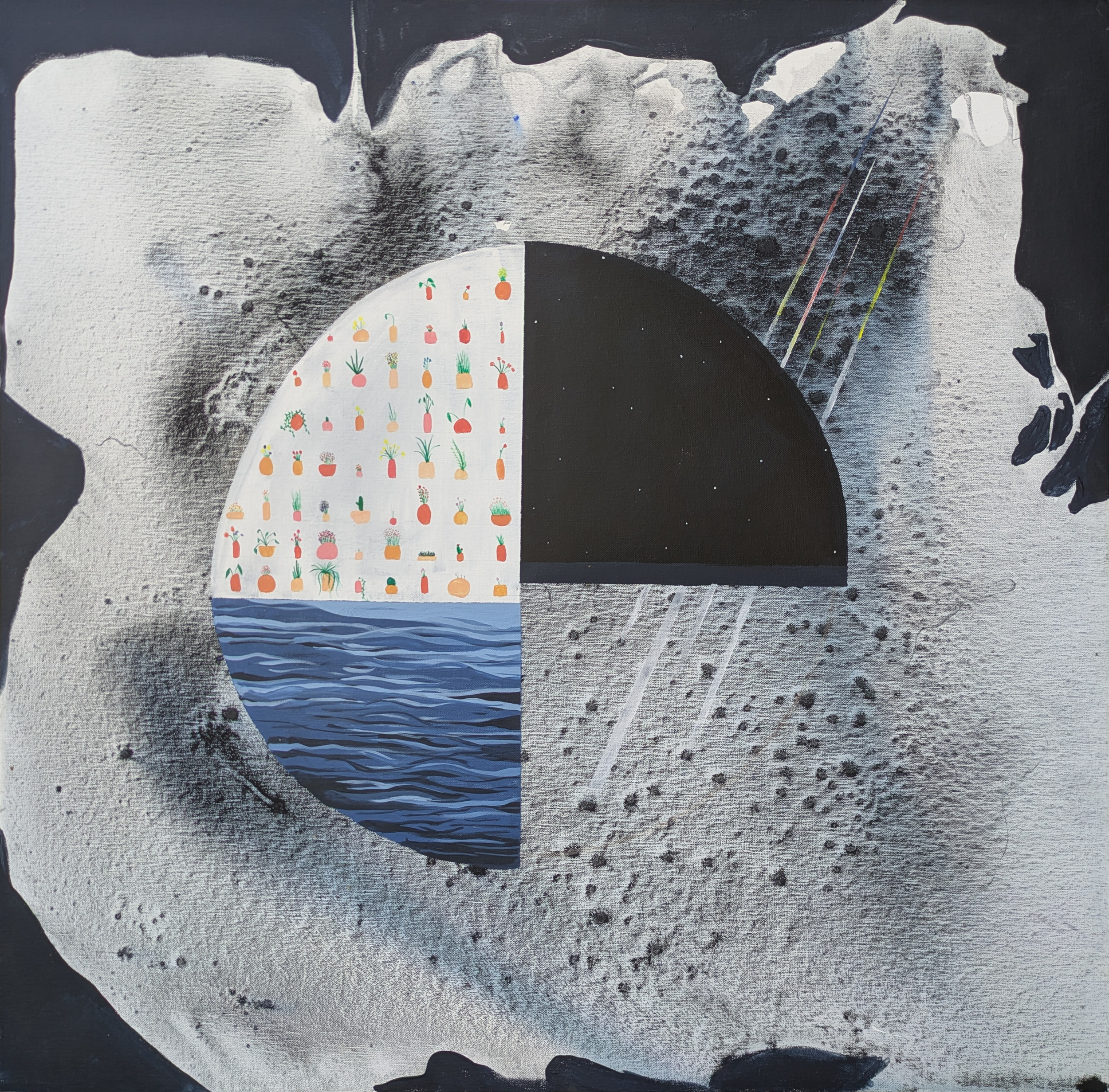 A textured black and white abstract artwork with a white semicircular section containing colorful small plant illustrations, surrounded by a darker textured background.