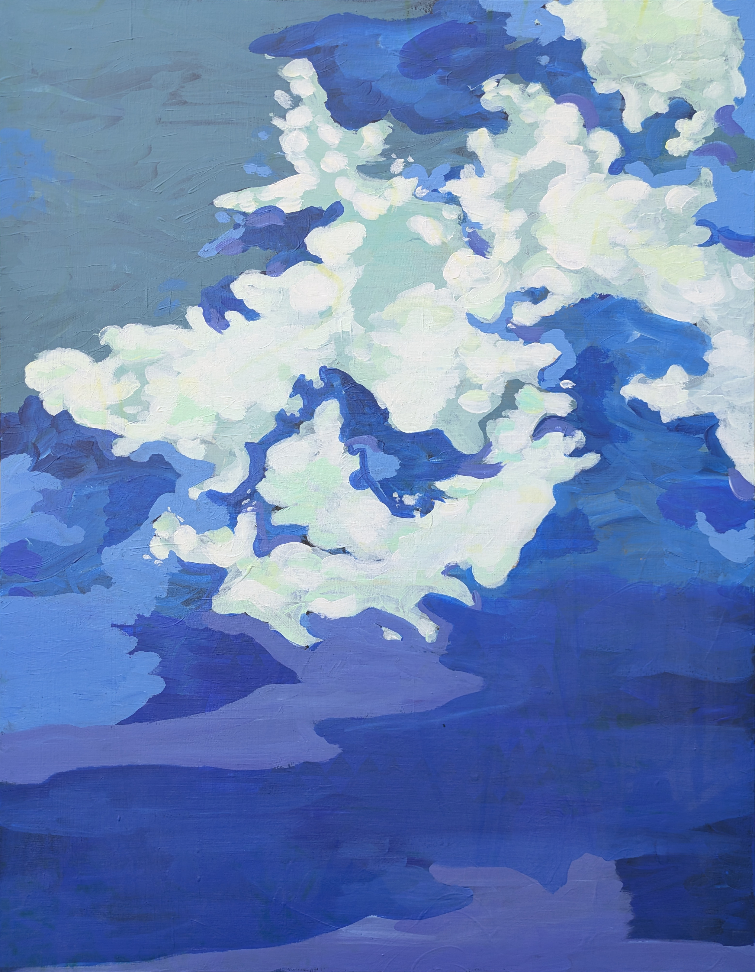 Abstract painting of a blue sky with white clouds and mountain silhouettes in the foreground.