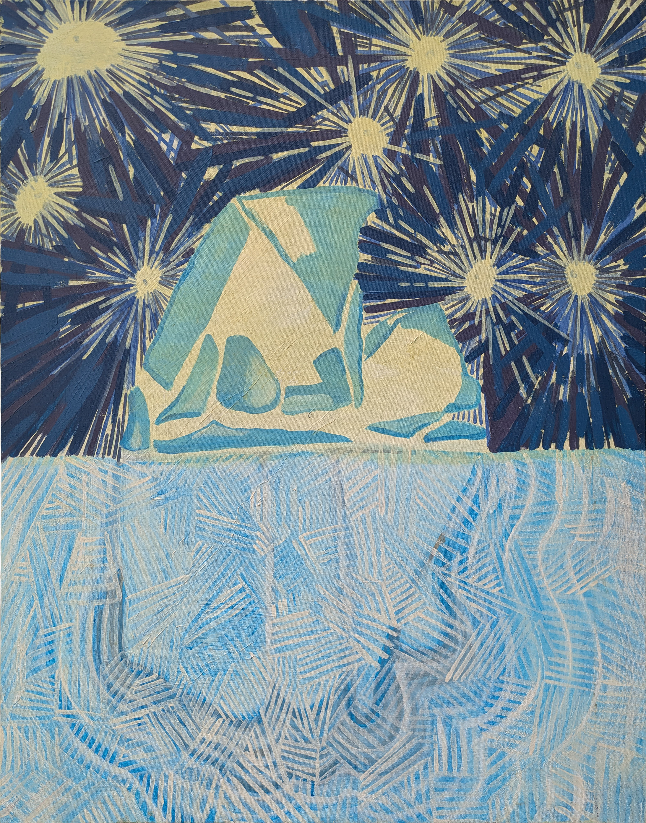 An abstract painting featuring a large pitcher in the center surrounded by fireworks in shades of blue, yellow, and white.