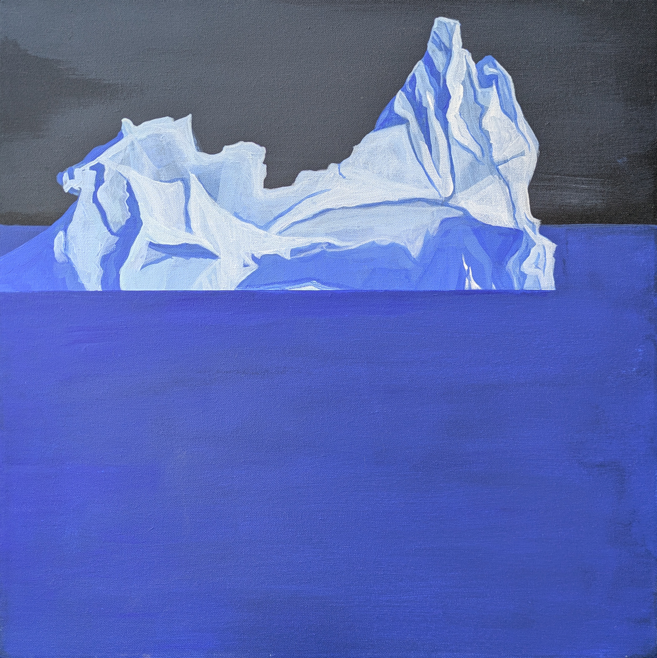 A painting of a large iceberg with a dark sky in the background, predominantly in shades of blue and white.