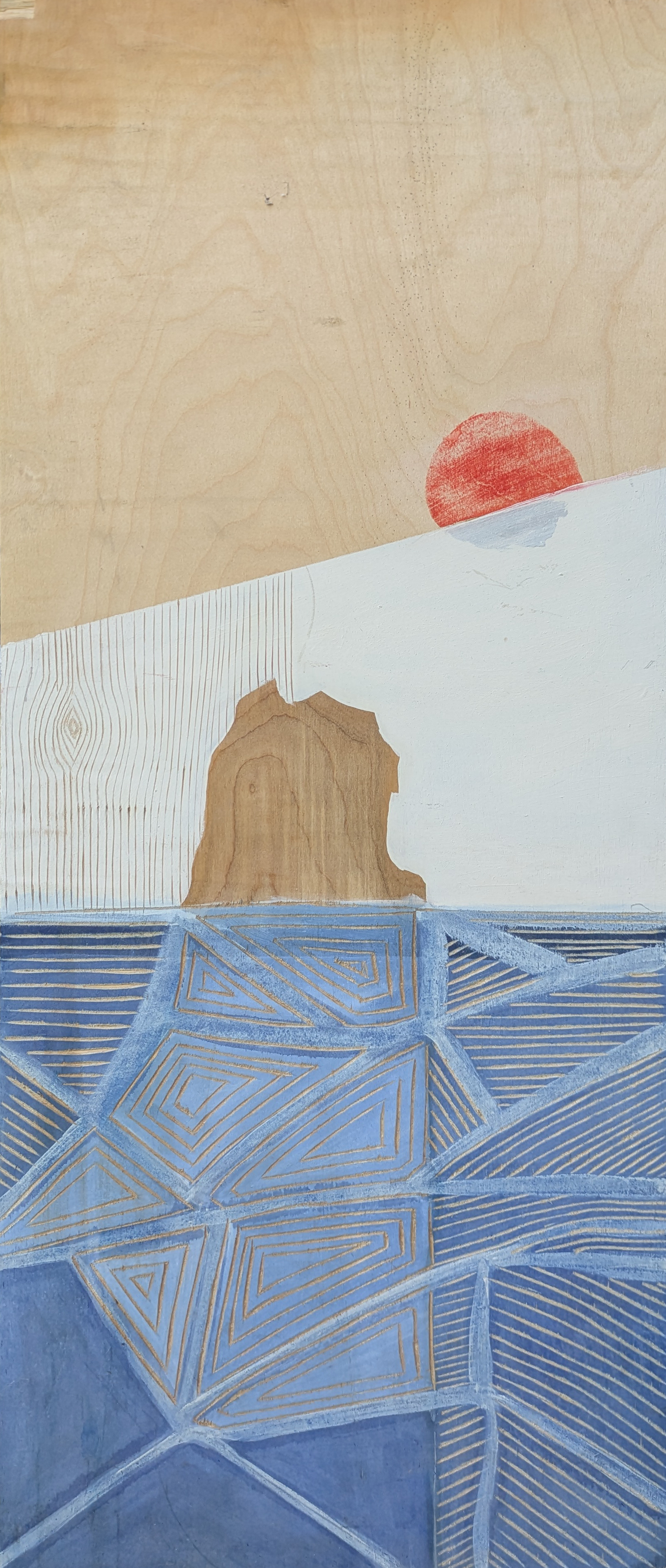 Abstract landscape with a wooden background, a red sun, and geometric patterns in blue and white.